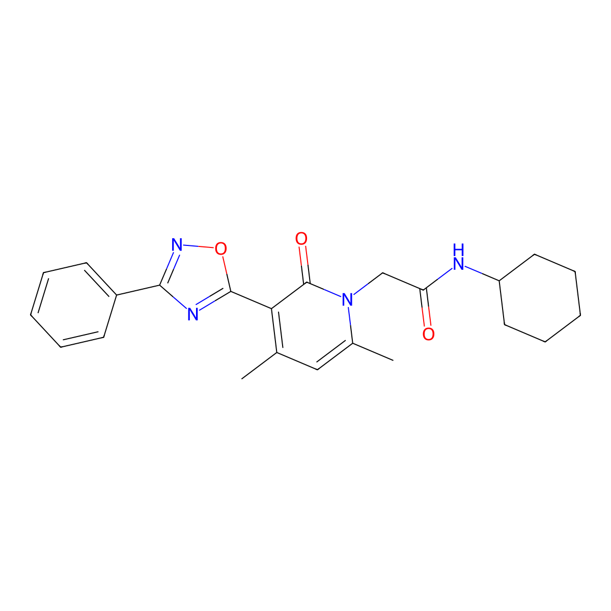 N-cyclohexyl-2-[4,6-dimethyl-2-oxo-3-(3-phenyl-1,2,4-oxadiazol-5-yl)-1,2-dihydropyridin-1-yl]acetamide molecular structure, CAS 1040683-56-4