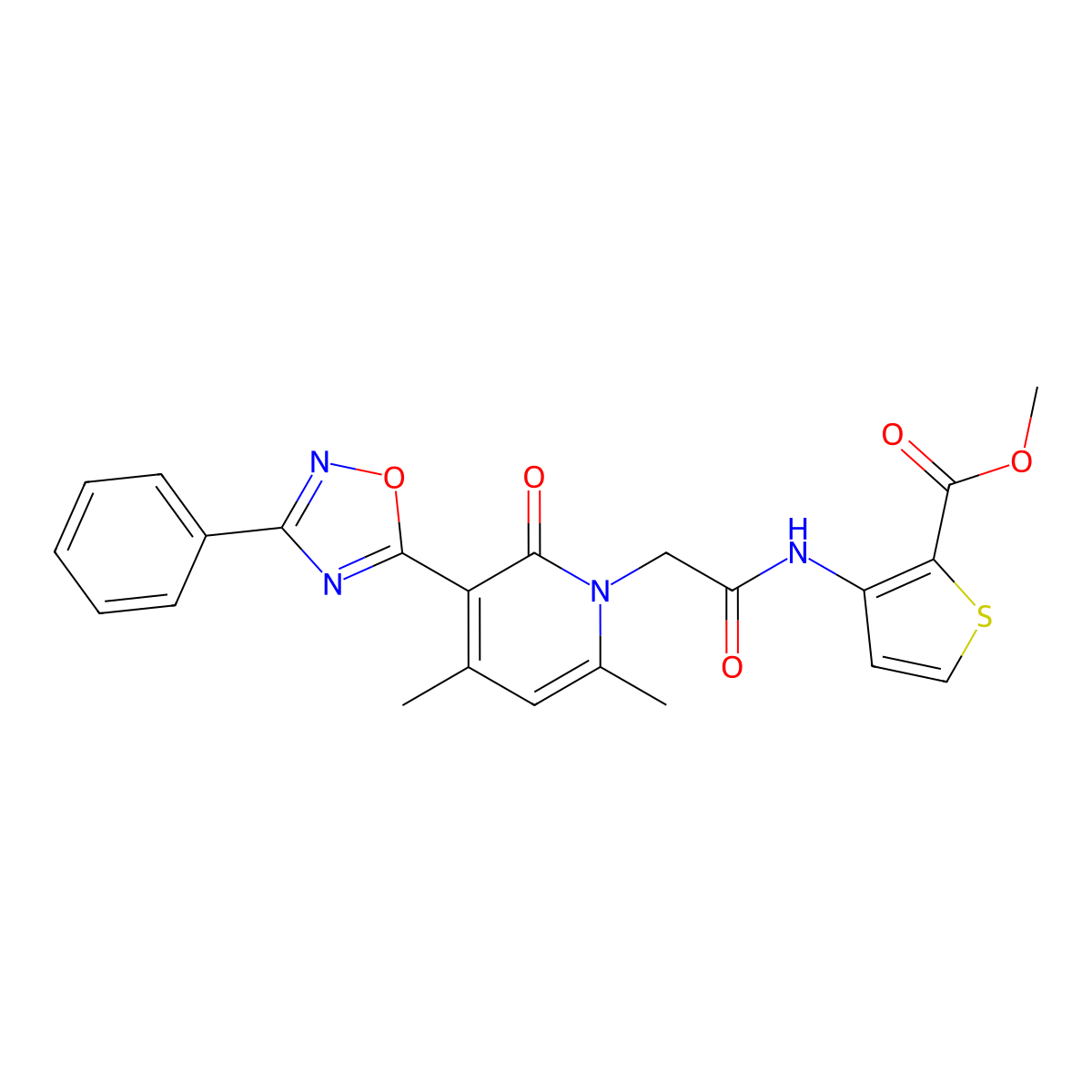 Methyl 3-{2-[4,6-dimethyl-2-oxo-3-(3-phenyl-1,2,4-oxadiazol-5-yl)-1,2-dihydropyridin-1-yl]acetamido}thiophene-2-carboxylate molecular structure, CAS 1040683-63-3