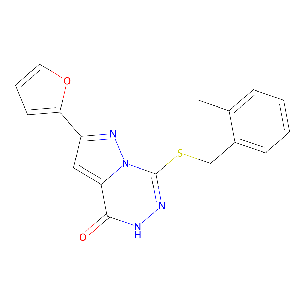 2-(furan-2-yl)-7-{[(2-methylphenyl)methyl]sulfanyl}-4H,5H-pyrazolo[1,5-d][1,2,4]triazin-4-one molecular structure, CAS 1040683-66-6