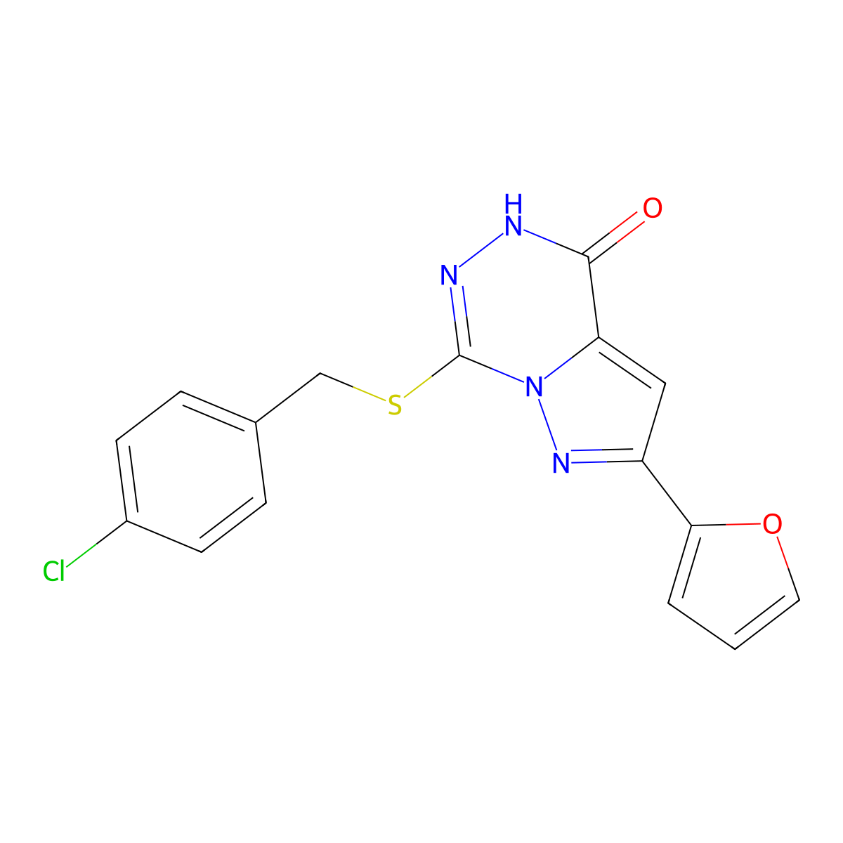 7-[(4-chlorobenzyl)thio]-2-(2-furyl)pyrazolo[1,5-d][1,2,4]triazin-4(5H)-one molecular structure, CAS 1040683-72-4