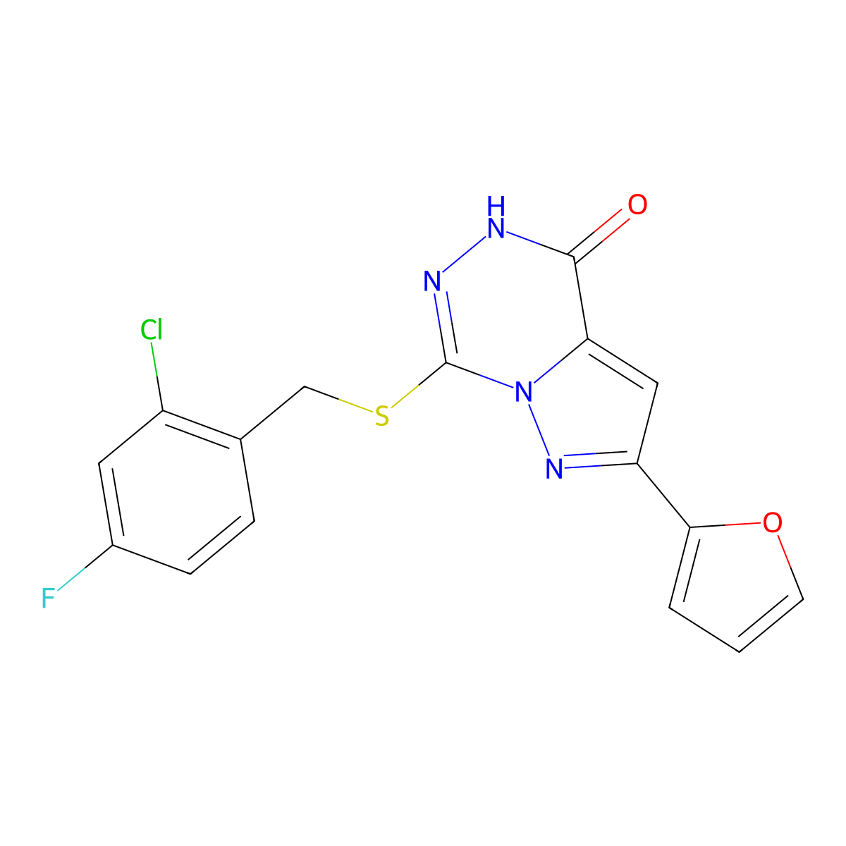 7-[(2-chloro-4-fluorobenzyl)thio]-2-(2-furyl)pyrazolo[1,5-d][1,2,4]triazin-4(5H)-one molecular structure, CAS 1040684-03-4