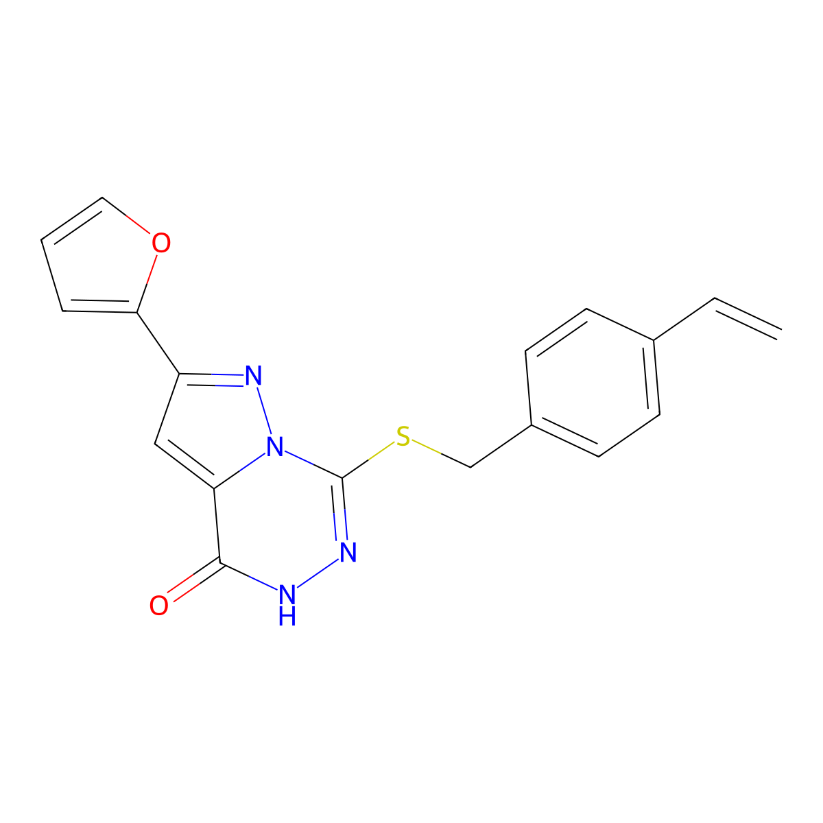 2-(2-furyl)-7-[(4-vinylbenzyl)thio]pyrazolo[1,5-d][1,2,4]triazin-4(5H)-one molecular structure, CAS 1040684-11-4