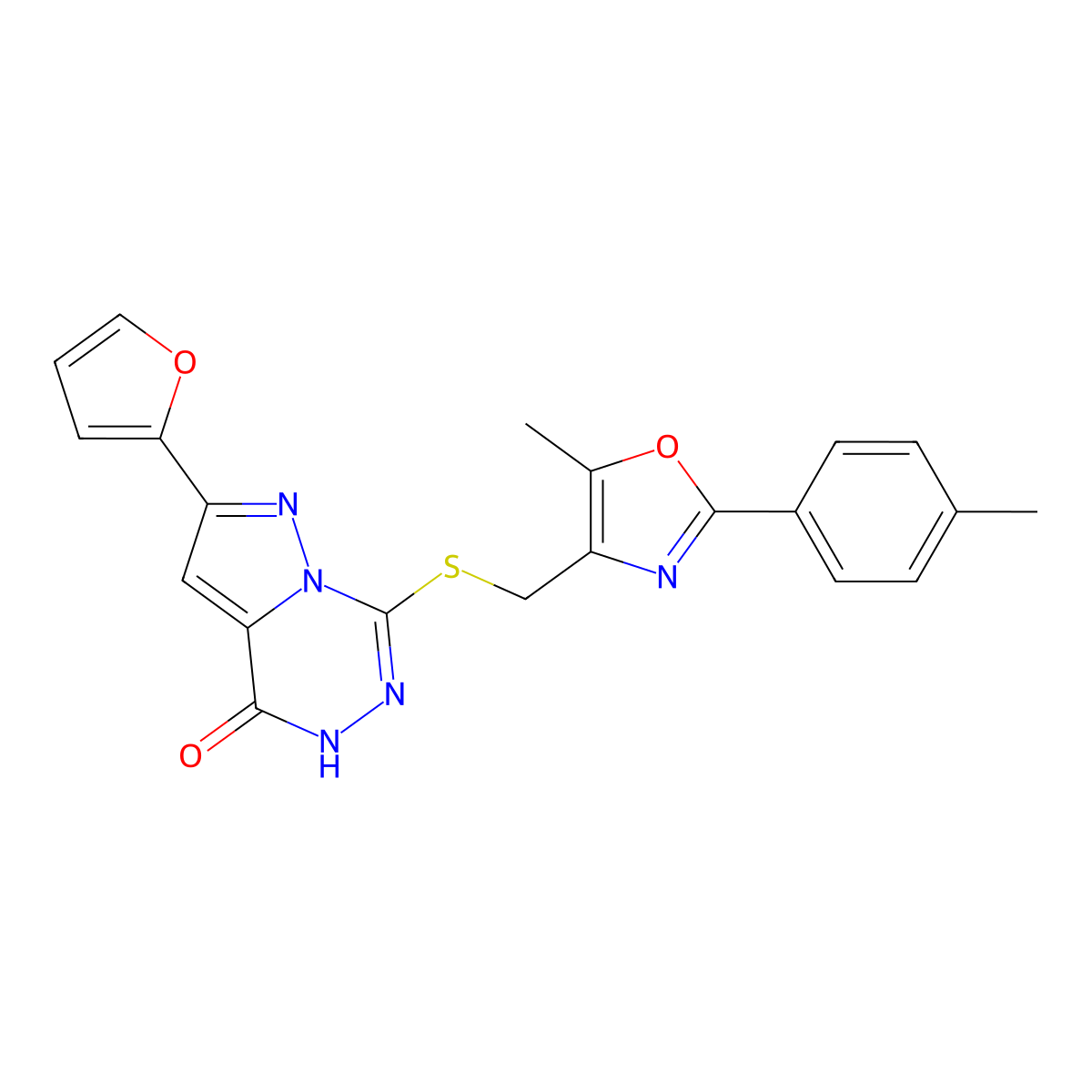 2-(furan-2-yl)-7-({[5-methyl-2-(4-methylphenyl)-1,3-oxazol-4-yl]methyl}sulfanyl)-4H,5H-pyrazolo[1,5-d][1,2,4]triazin-4-one molecular structure, CAS 1040684-19-2
