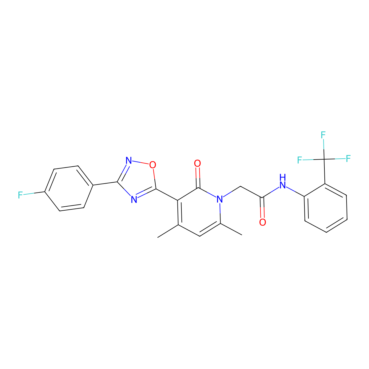 2-(3-(3-(4-fluorophenyl)-1,2,4-oxadiazol-5-yl)-4,6-dimethyl-2-oxopyridin-1(2H)-yl)-N-(2-(trifluoromethyl)phenyl)acetamide molecular structure, CAS 1040684-59-0