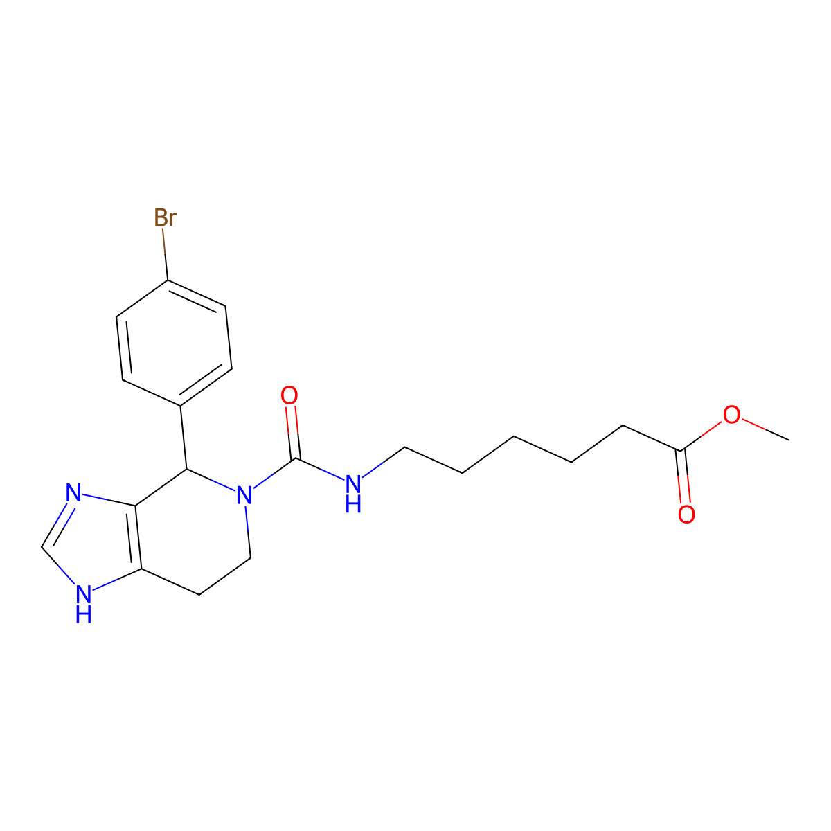 methyl 6-({[4-(4-bromophenyl)-1,4,6,7-tetrahydro-5H-imidazo[4,5-c]pyridin-5-yl]carbonyl}amino)hexanoate molecular structure, CAS 1040690-08-1