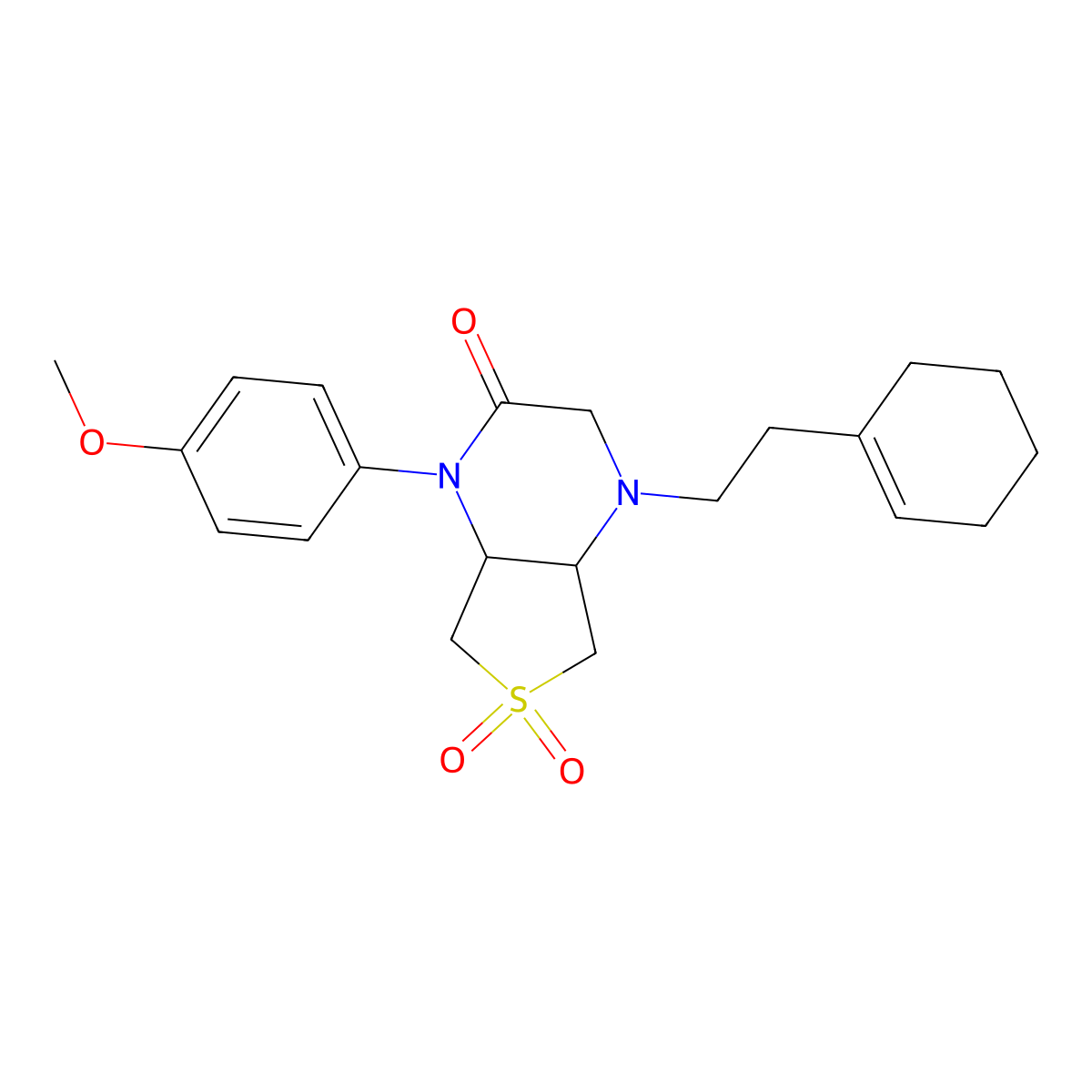 4-(2-(cyclohex-1-en-1-yl)ethyl)-1-(4-methoxyphenyl)hexahydrothieno[3,4-b]pyrazin-2(1H)-one 6,6-dioxide molecular structure, CAS 1040691-30-2
