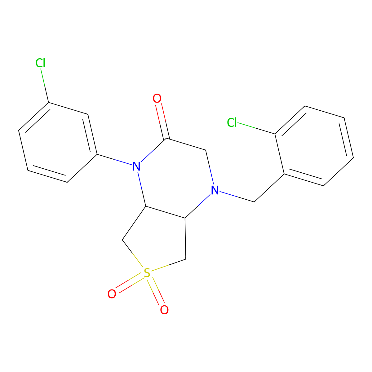 4-(2-chlorobenzyl)-1-(3-chlorophenyl)hexahydrothieno[3,4-b]pyrazin-2(1H)-one 6,6-dioxide molecular structure, CAS 1040692-43-0