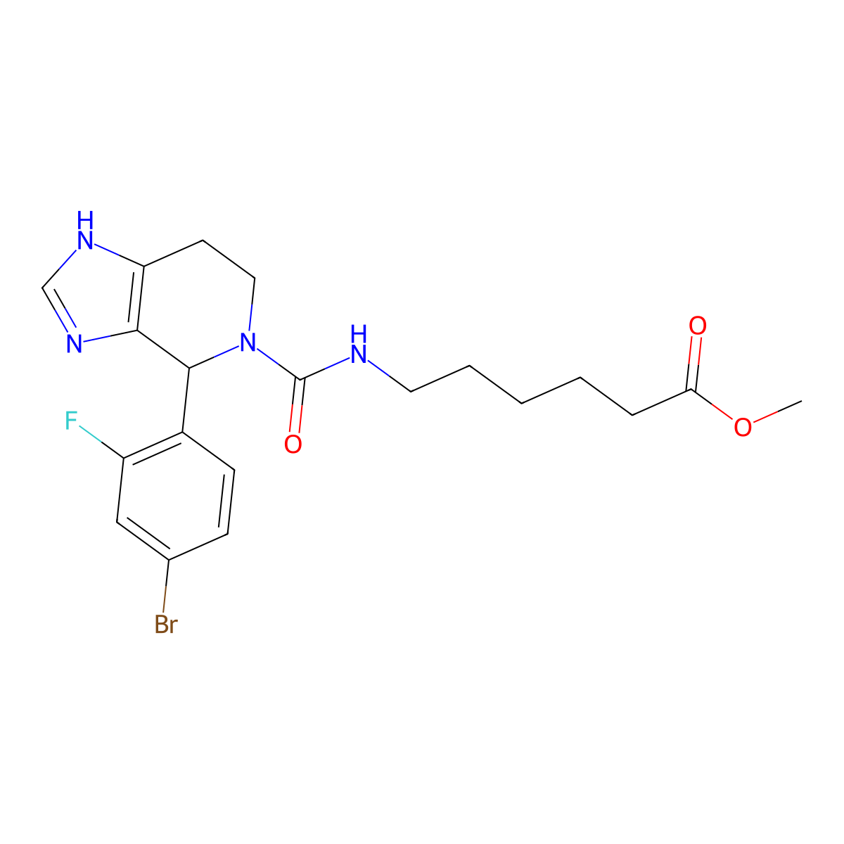 methyl 6-({[4-(4-bromo-2-fluorophenyl)-1,4,6,7-tetrahydro-5H-imidazo[4,5-c]pyridin-5-yl]carbonyl}amino)hexanoate molecular structure, CAS 1040693-57-9