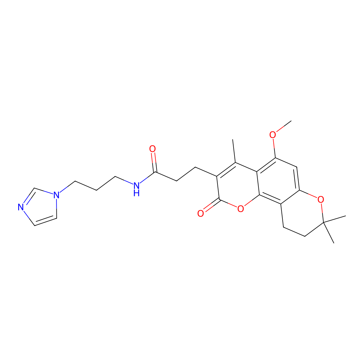 N-[3-(1H-imidazol-1-yl)propyl]-3-(5-methoxy-4,8,8-trimethyl-2-oxo-9,10-dihydro-2H,8H-pyrano[2,3-f]chromen-3-yl)propanamide molecular structure, CAS 1040695-68-8