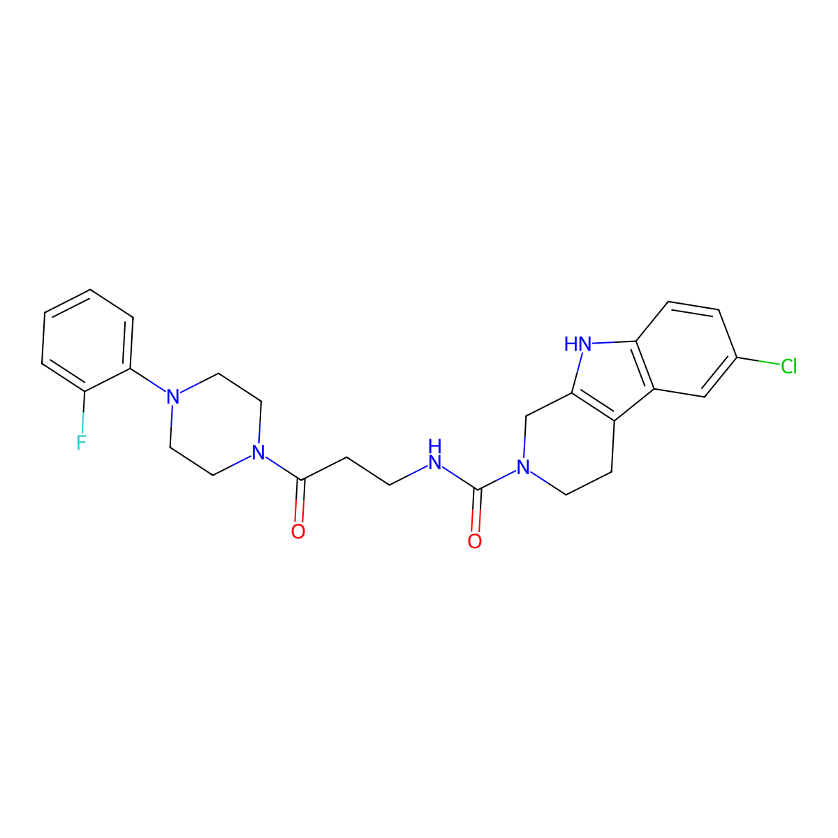 6-chloro-N-{3-[4-(2-fluorophenyl)piperazin-1-yl]-3-oxopropyl}-1,3,4,9-tetrahydro-2H-beta-carboline-2-carboxamide molecular structure, CAS 1040697-96-8