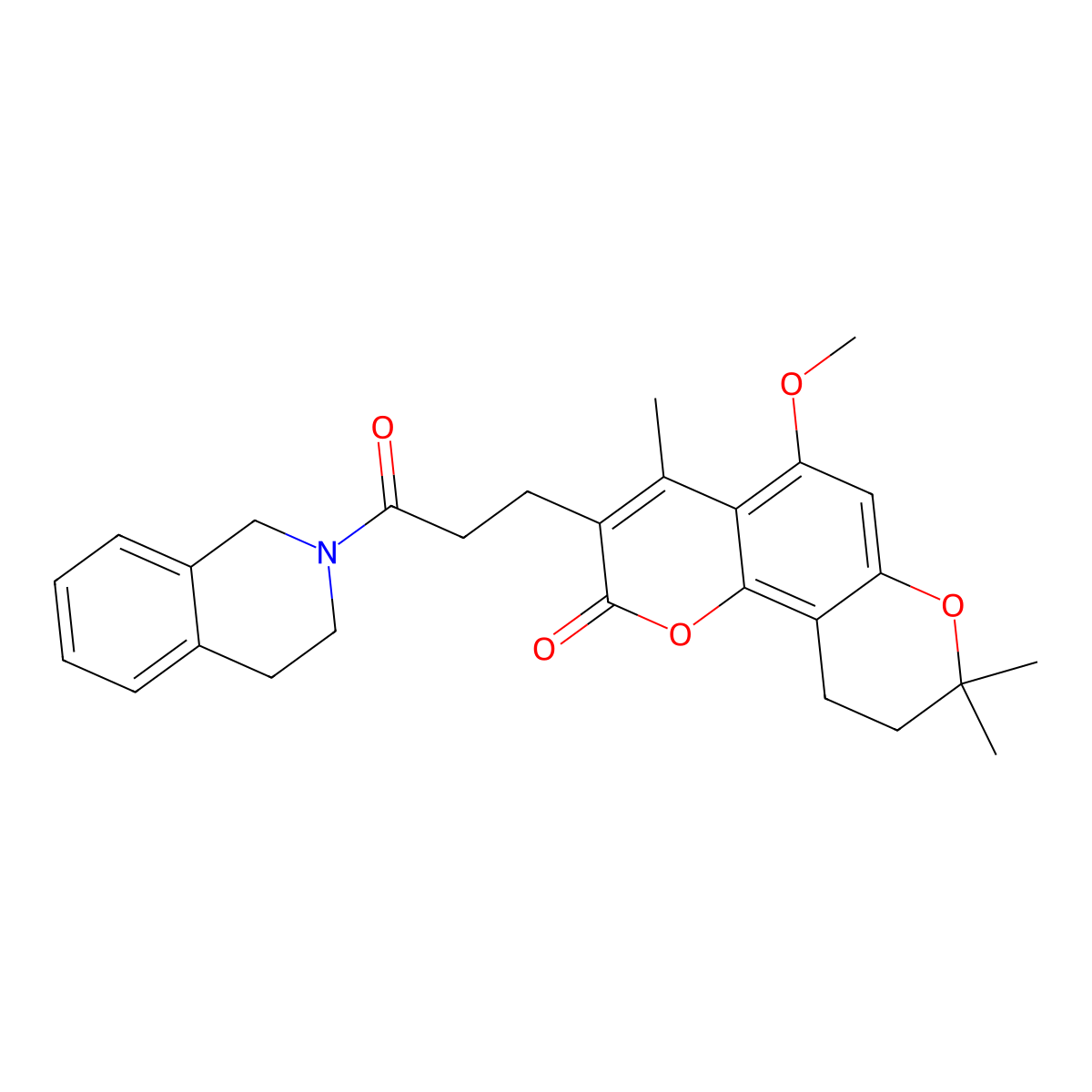 3-[3-(3,4-dihydroisoquinolin-2(1H)-yl)-3-oxopropyl]-5-methoxy-4,8,8-trimethyl-9,10-dihydro-2H,8H-pyrano[2,3-f]chromen-2-one molecular structure, CAS 1040706-02-2