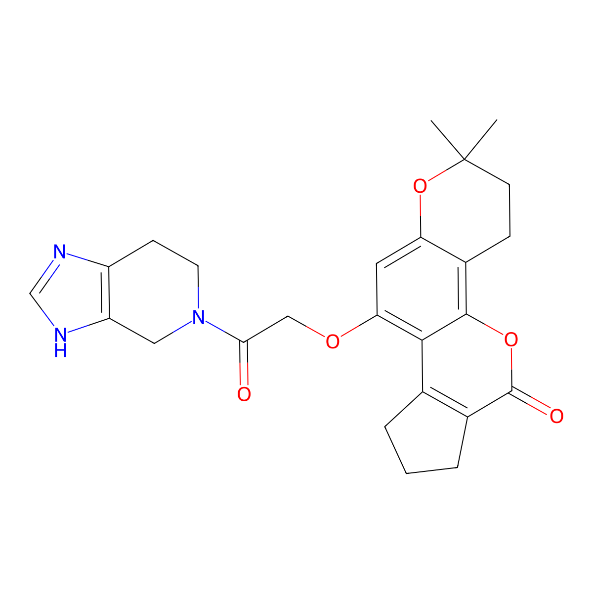 2,2-dimethyl-10-[2-oxo-2-(3,4,6,7-tetrahydro-5H-imidazo[4,5-c]pyridin-5-yl)ethoxy]-3,4,8,9-tetrahydro-2H-cyclopenta[c]pyrano[2,3-h]chromen-6(7H)-one molecular structure, CAS 1040708-53-9
