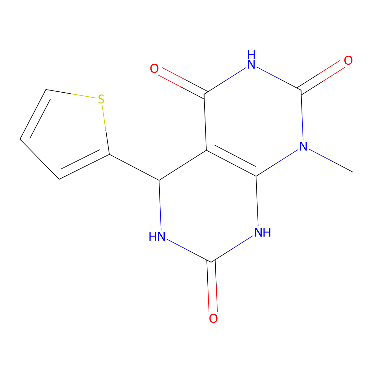 1-methyl-5-(thiophen-2-yl)-5,6-dihydropyrimido[4,5-d]pyrimidine-2,4,7(1H,3H,8H)-trione molecular structure, CAS 1040711-40-7