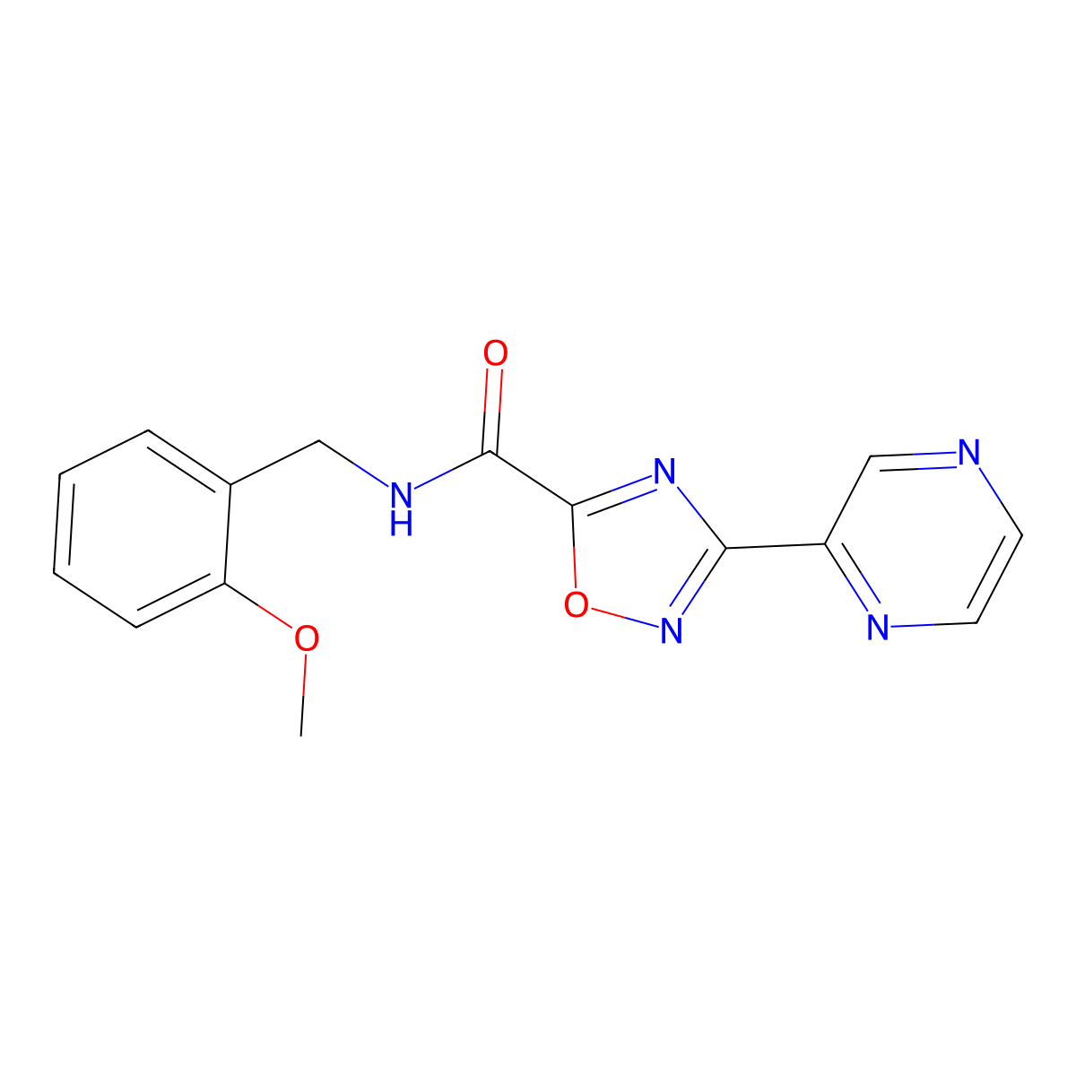 N-(2-methoxybenzyl)-3-(pyrazin-2-yl)-1,2,4-oxadiazole-5-carboxamide molecular structure, CAS 1040712-69-3
