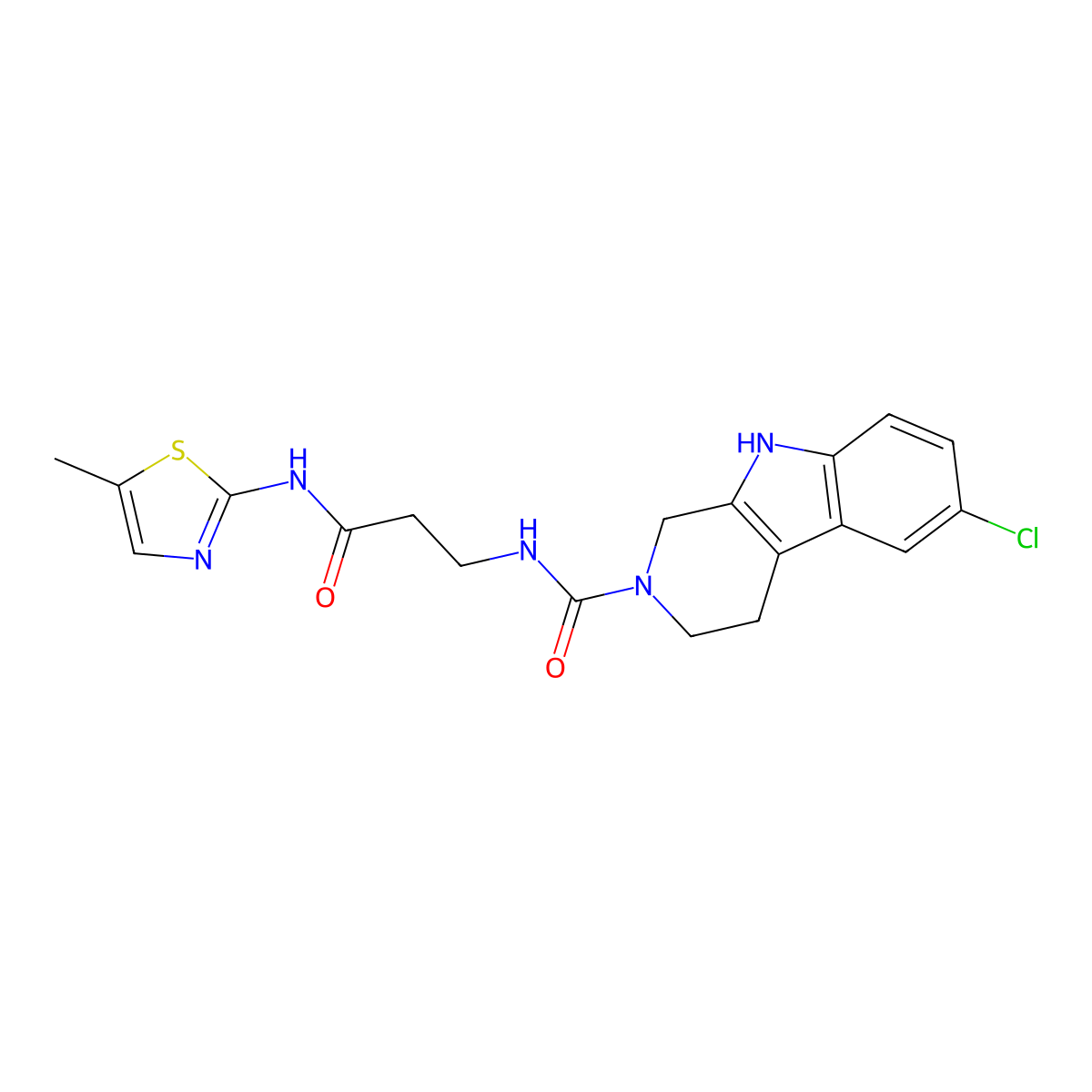 6-chloro-N-{3-[(5-methyl-1,3-thiazol-2-yl)amino]-3-oxopropyl}-1,3,4,9-tetrahydro-2H-beta-carboline-2-carboxamide molecular structure, CAS 1040712-86-4
