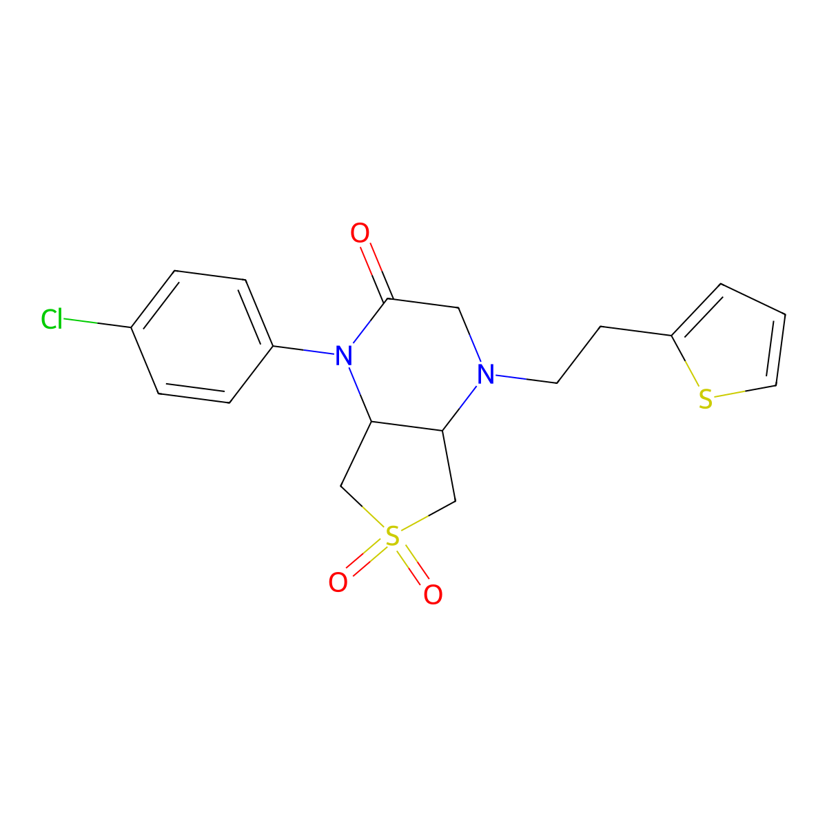 1-(4-chlorophenyl)-4-(2-(thiophen-2-yl)ethyl)hexahydrothieno[3,4-b]pyrazin-2(1H)-one 6,6-dioxide molecular structure, CAS 1040715-40-9