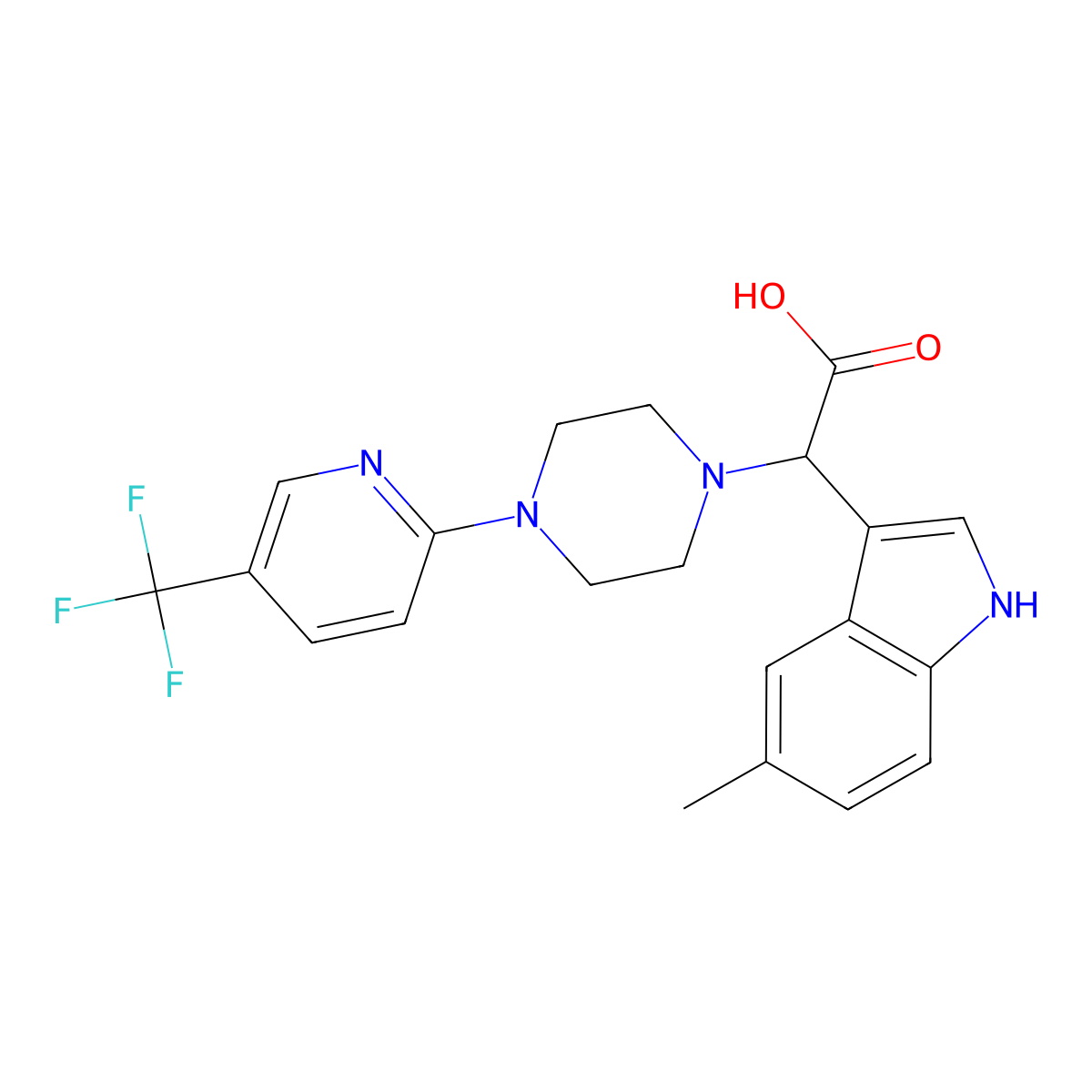 (5-methyl-1H-indol-3-yl){4-[5-(trifluoromethyl)pyridin-2-yl]piperazin-1-yl}acetic acid molecular structure, CAS 1040715-47-6