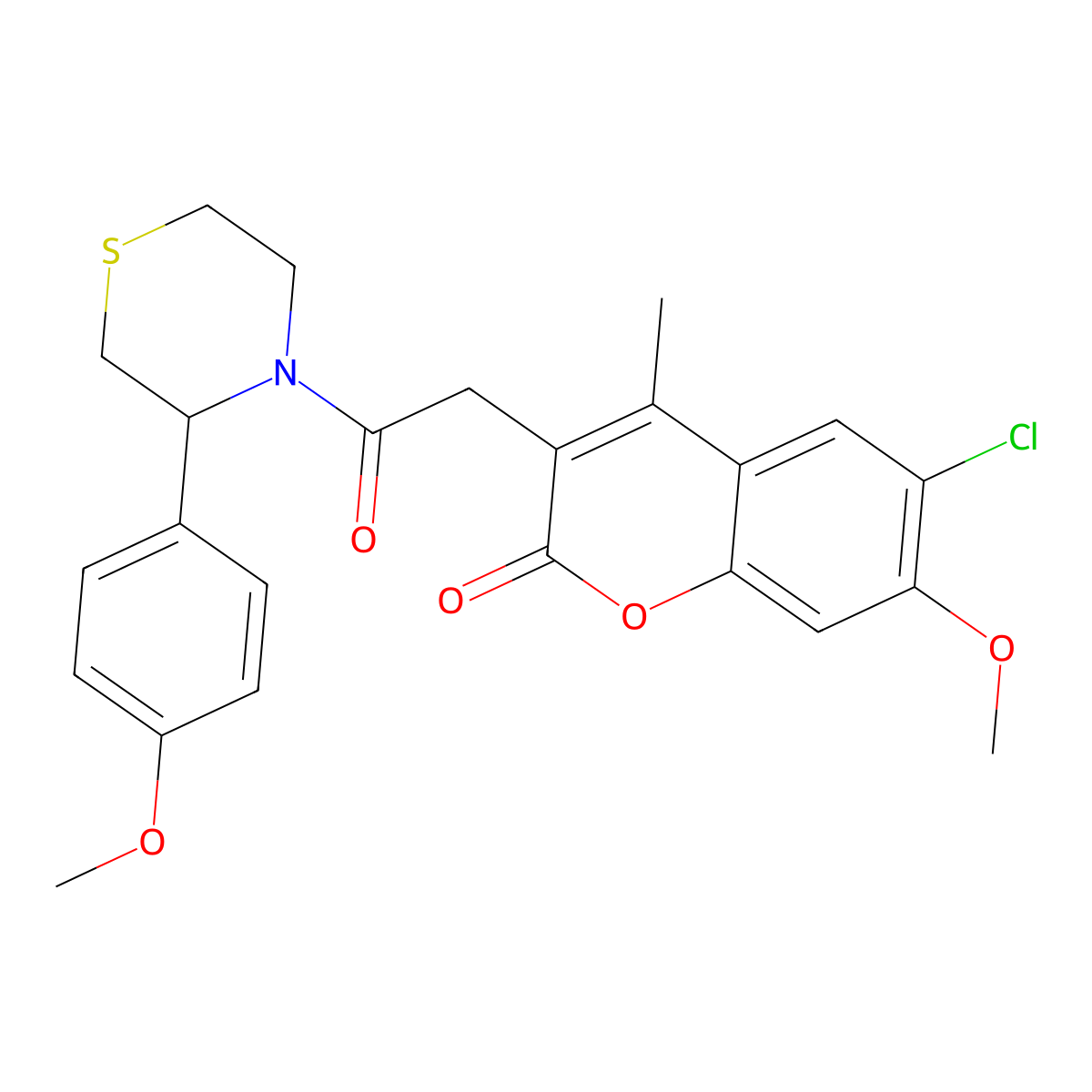 6-chloro-7-methoxy-3-{2-[3-(4-methoxyphenyl)thiomorpholin-4-yl]-2-oxoethyl}-4-methyl-2H-chromen-2-one molecular structure, CAS 1040715-54-5