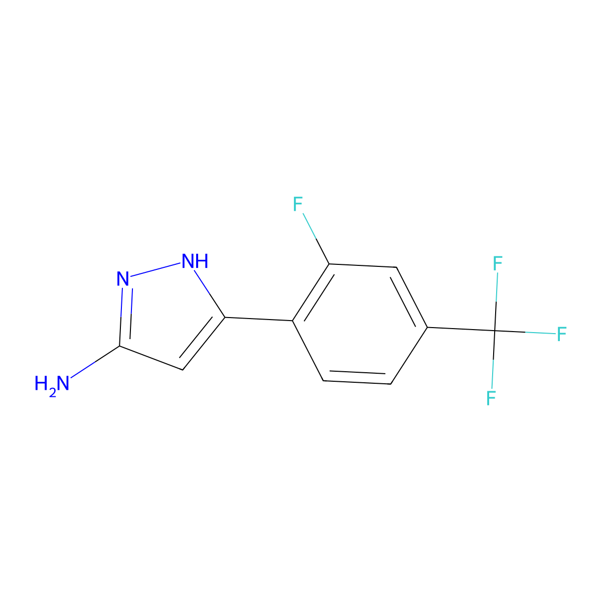 5-(2-fluoro-4-trifluoromethyl-phenyl)-2H-pyrazol-3-ylamine molecular structure, CAS 1040724-23-9
