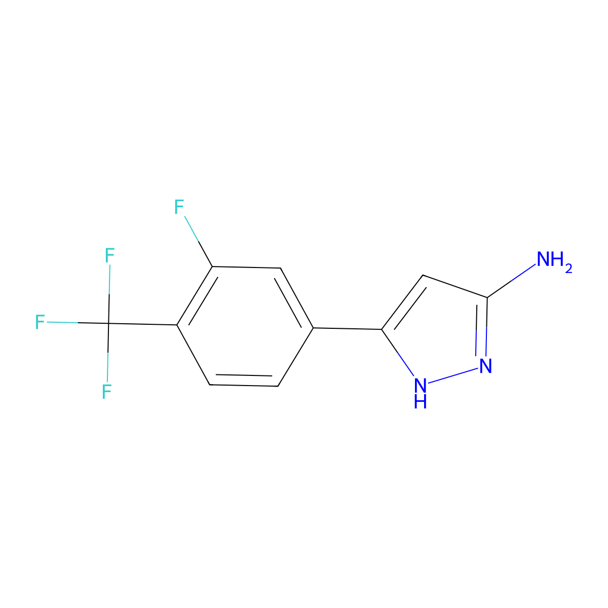 5-(3-fluoro-4-trifluoromethyl-phenyl)-2H-pyrazol-3-ylamine molecular structure, CAS 1040724-24-0