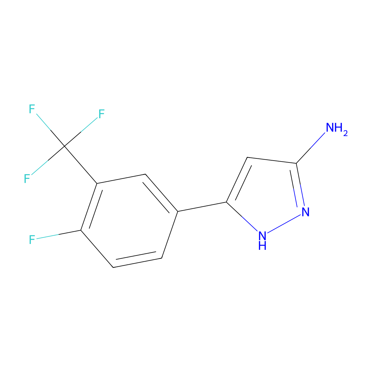5-(4-fluoro-3-trifluoromethyl-phenyl)-2H-pyrazol-3-ylamine molecular structure, CAS 1040724-42-2