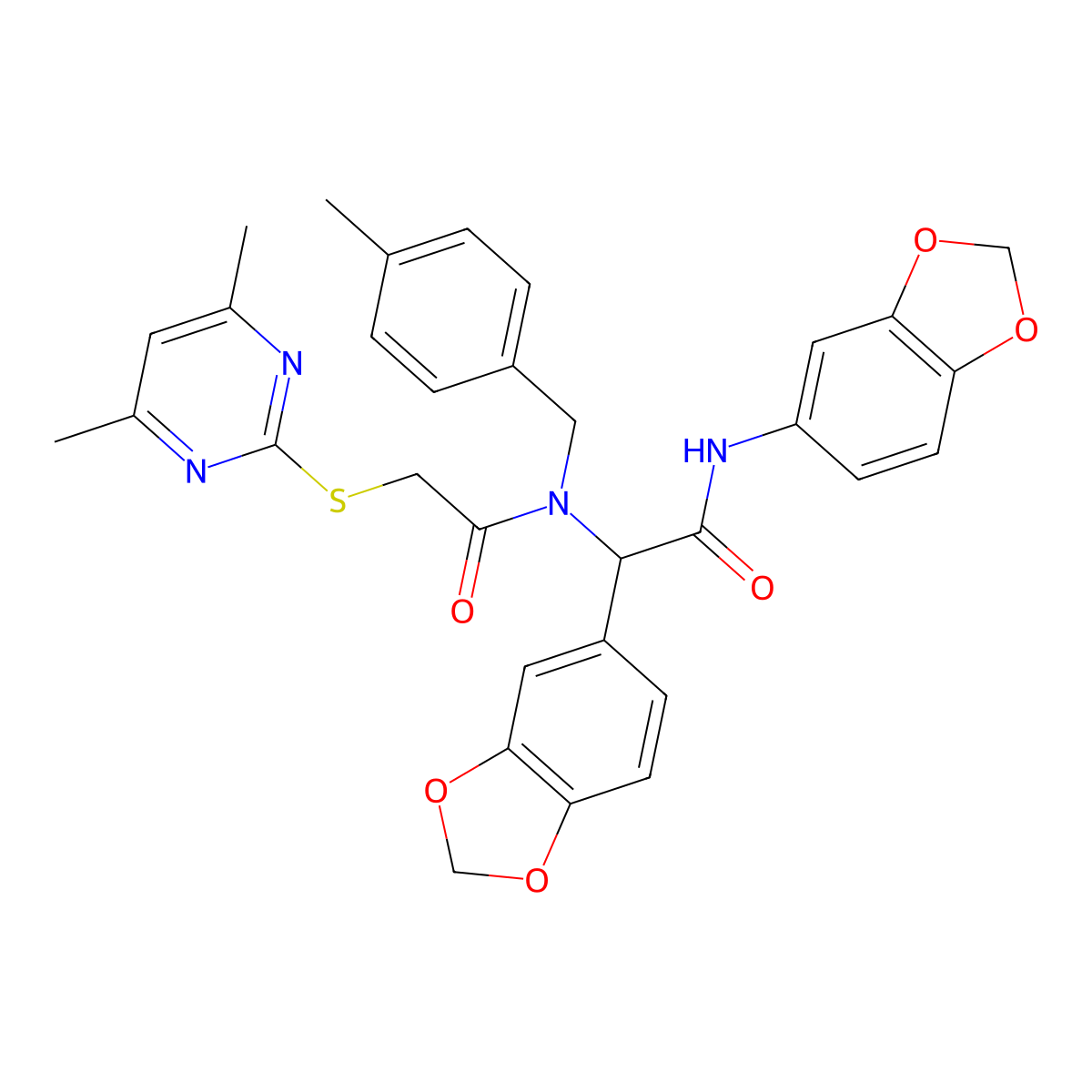 N-1,3-Benzodioxol-5-yl-I+/--[[2-[(4,6-dimethyl-2-pyrimidinyl)thio]acetyl][(4-methylphenyl)methyl]amino]-1,3-benzodioxole-5-acetamide molecular structure, CAS 1040848-07-4
