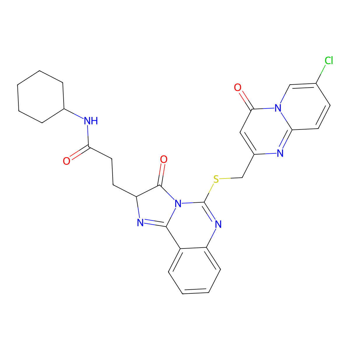 3-[5-[(7-chloro-4-oxopyrido[1,2-a]pyrimidin-2-yl)methylsulfanyl]-3-oxo-2H-imidazo[1,2-c]quinazolin-2-yl]-N-cyclohexylpropanamide molecular structure, CAS 1041024-63-8