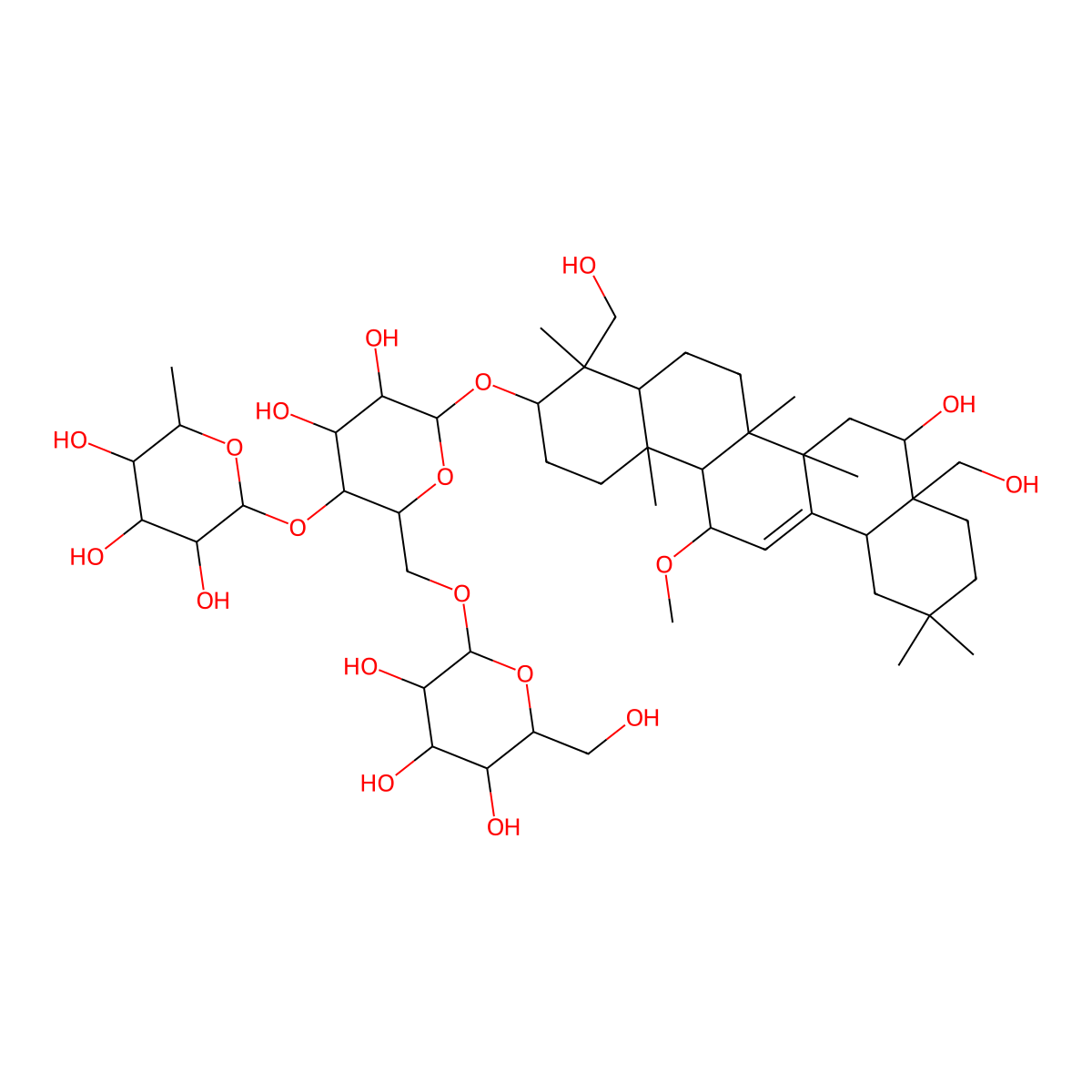 2-[4,5-Dihydroxy-6-[[8-hydroxy-4,8a-bis(hydroxymethyl)-14-methoxy-4,6a,6b,11,11,14b-hexamethyl-1,2,3,4a,5,6,7,8,9,10,12,12a,14,14a-tetradecahydropicen-3-yl]oxy]-2-[[3,4,5-trihydroxy-6-(hydroxymethyl)oxan-2-yl]oxymethyl]oxan-3-yl]oxy-6-methyloxane-3,4,5-triol molecular structure, CAS 104109-35-5