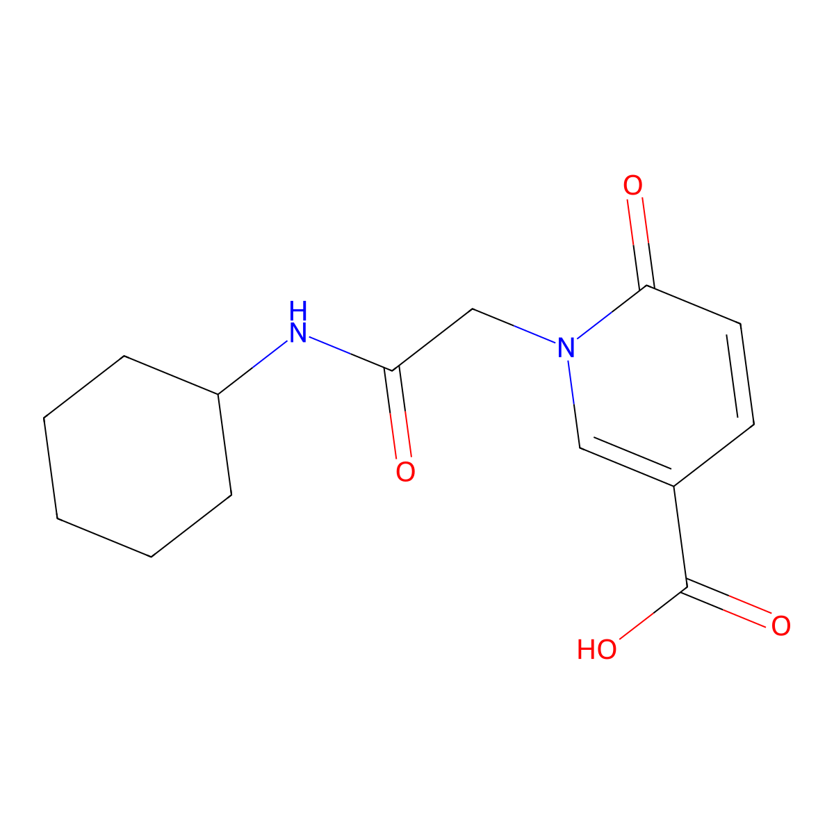1-Cyclohexylcarbamoylmethyl-6-oxo-1,6-dihydro-pyridine-3-carboxylic acid molecular structure, CAS 1041535-22-1