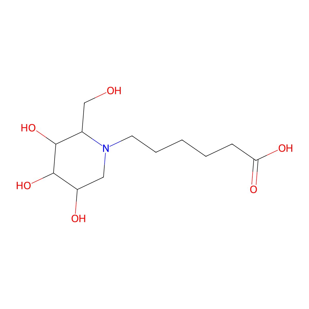 6-[(2R,3R,4R,5R)-3,4,5-trihydroxy-2-(hydroxymethyl)piperidin-1-yl]hexanoic acid molecular structure, CAS 104154-10-1