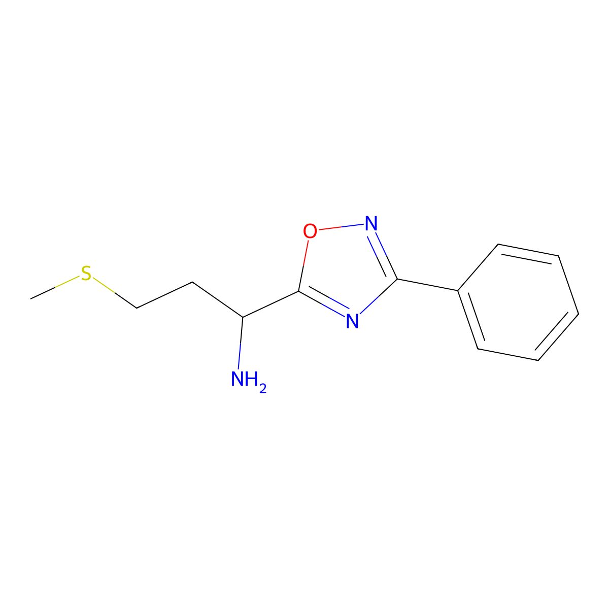 3-(Methylsulfanyl)-1-(3-phenyl-1,2,4-oxadiazol-5-yl)propan-1-amine molecular structure, CAS 1041601-42-6