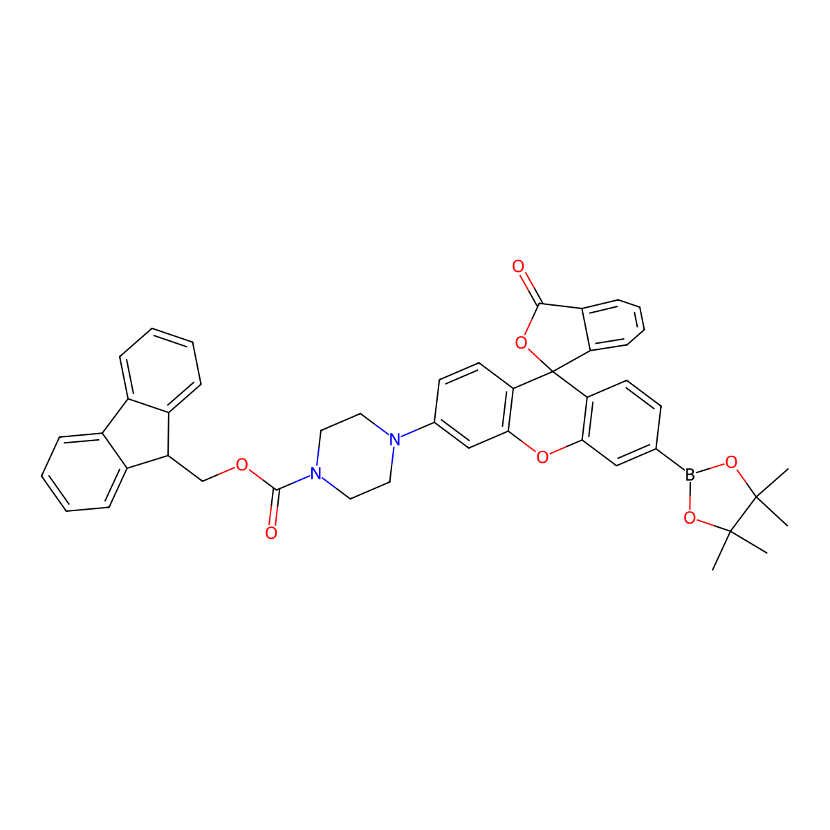 (9H-fluoren-9-yl)methyl 4-[3-oxo-3'-(4,4,5,5-tetramethyl-1,3,2-dioxaborolan-2-yl)-3H-spiro[2-benzofuran-1,9'-xanthen]-6'-yl]piperazine-1-carboxylate molecular structure, CAS 1041634-68-7