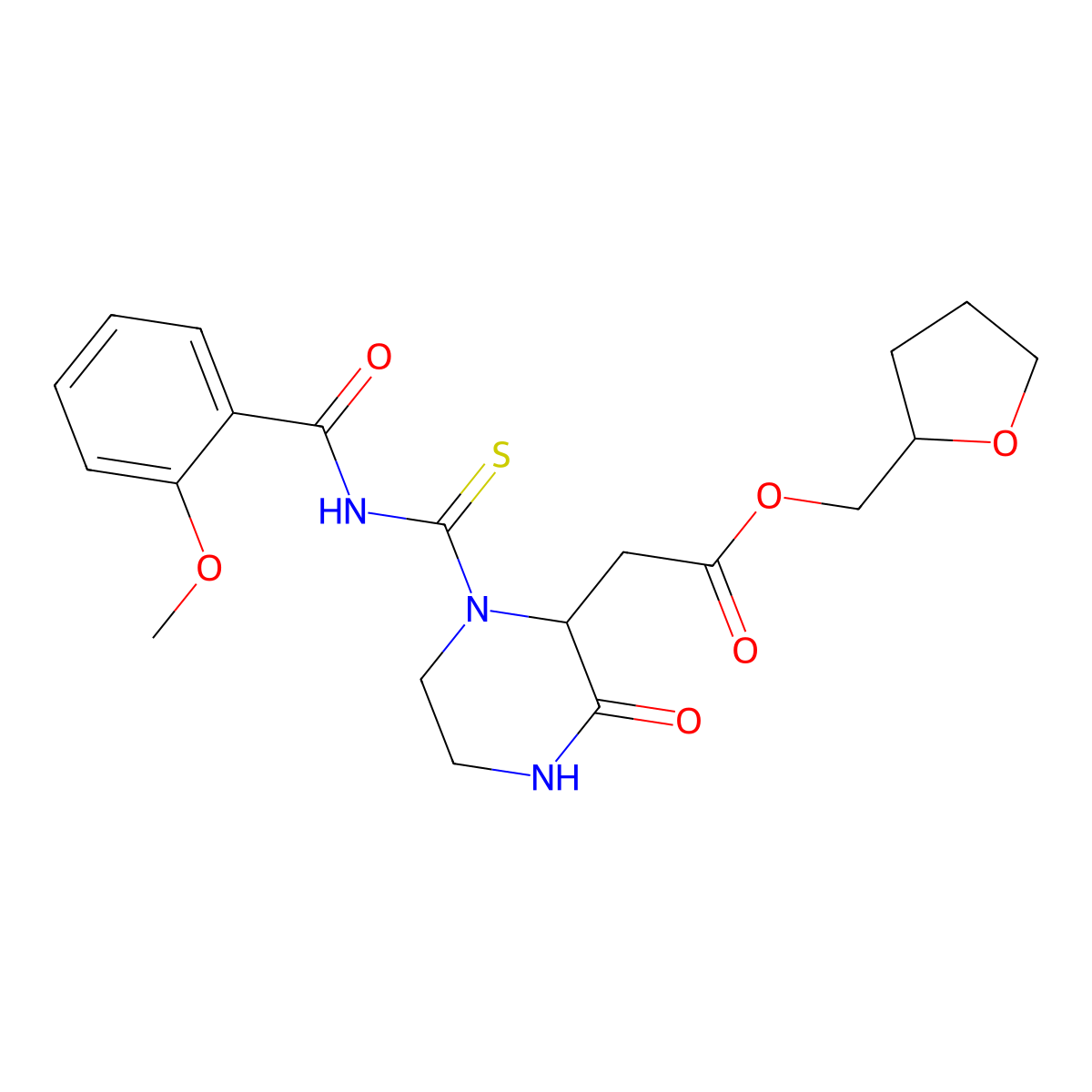 (Tetrahydrofuran-2-yl)methyl 2-(1-((2-methoxybenzoyl)carbamothioyl)-3-oxopiperazin-2-yl)acetate molecular structure, CAS 1041679-50-8