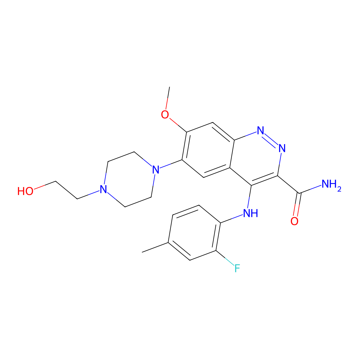 4-(2-Fluoro-4-methylanilino)-6-[4-(2-hydroxyethyl)piperazin-1-yl]-7-methoxycinnoline-3-carboxamide molecular structure, CAS 1041852-85-0