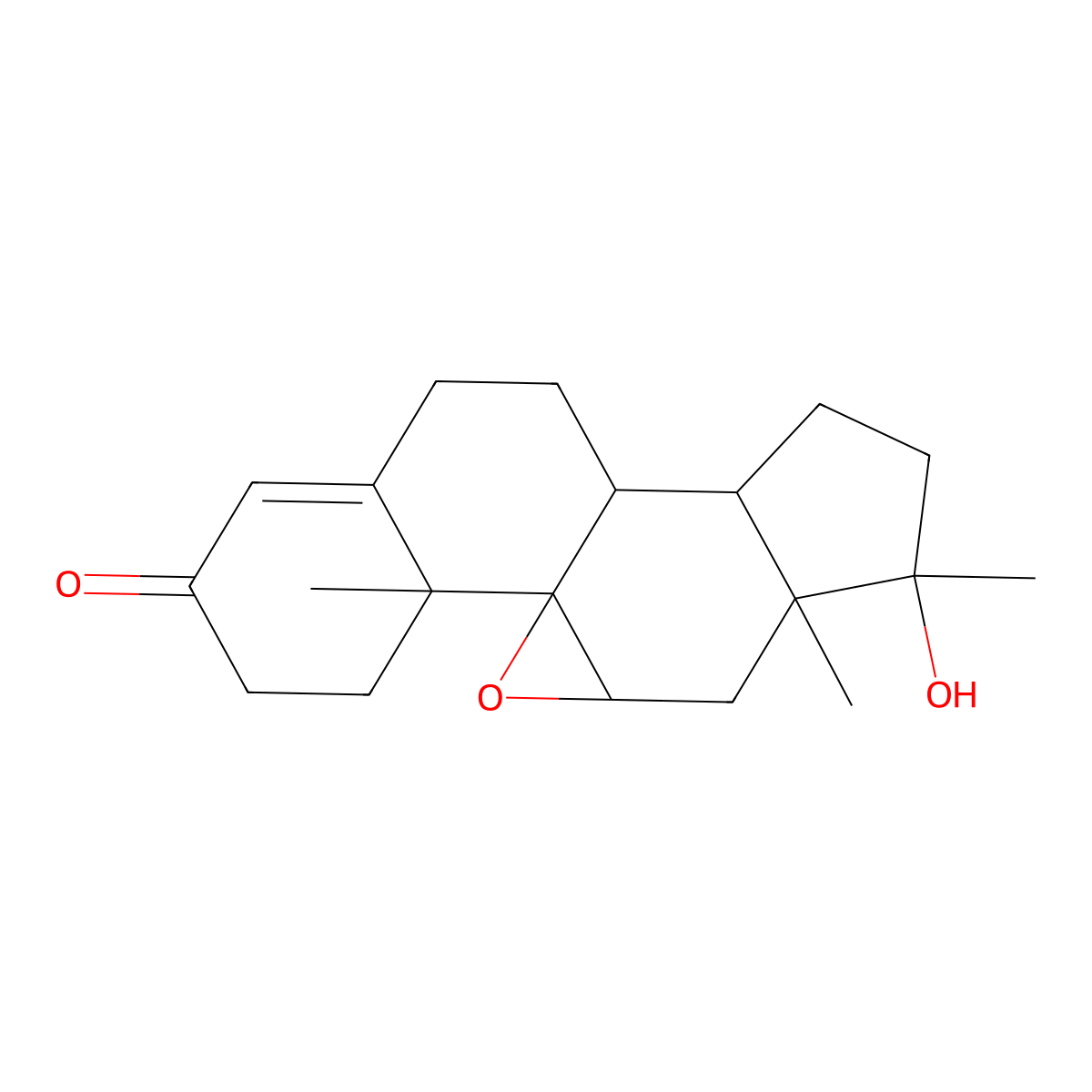 9,11-Epoxy-17-hydroxy-17-methylandrost-4-en-3-one, (9beta,11beta,17beta)- molecular structure, CAS 1042-33-7
