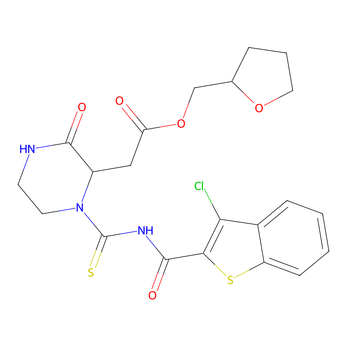 (Tetrahydrofuran-2-yl)methyl 2-(1-((3-chlorobenzo[b]thiophene-2-carbonyl)carbamothioyl)-3-oxopiperazin-2-yl)acetate molecular structure, CAS 1042069-35-1