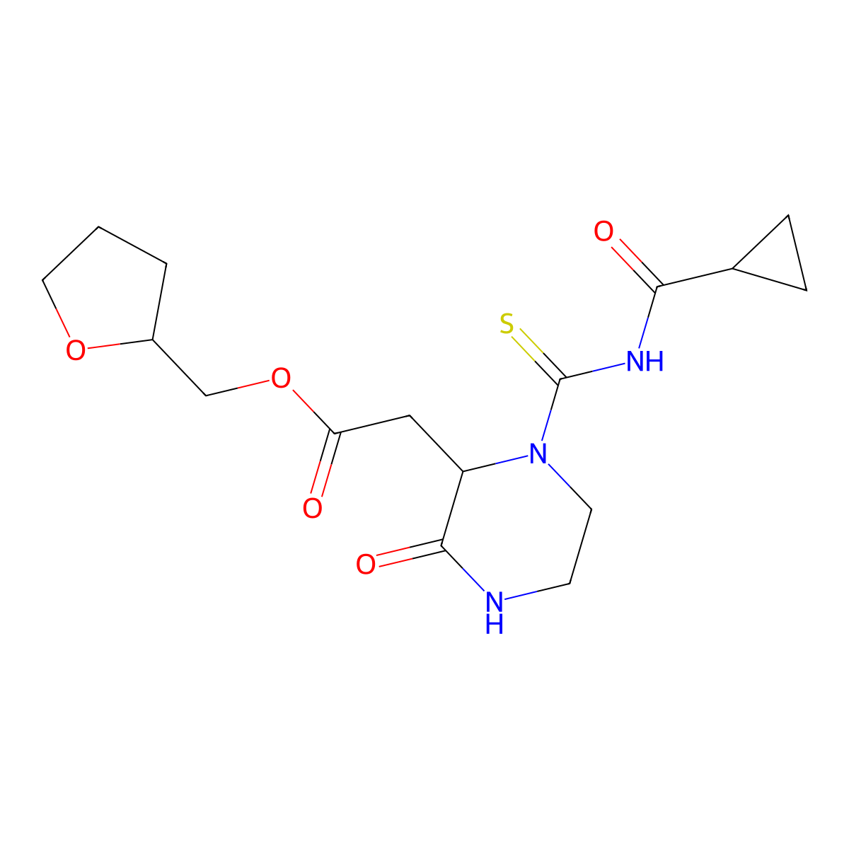 (Tetrahydrofuran-2-yl)methyl 2-(1-((cyclopropanecarbonyl)carbamothioyl)-3-oxopiperazin-2-yl)acetate molecular structure, CAS 1042069-89-5