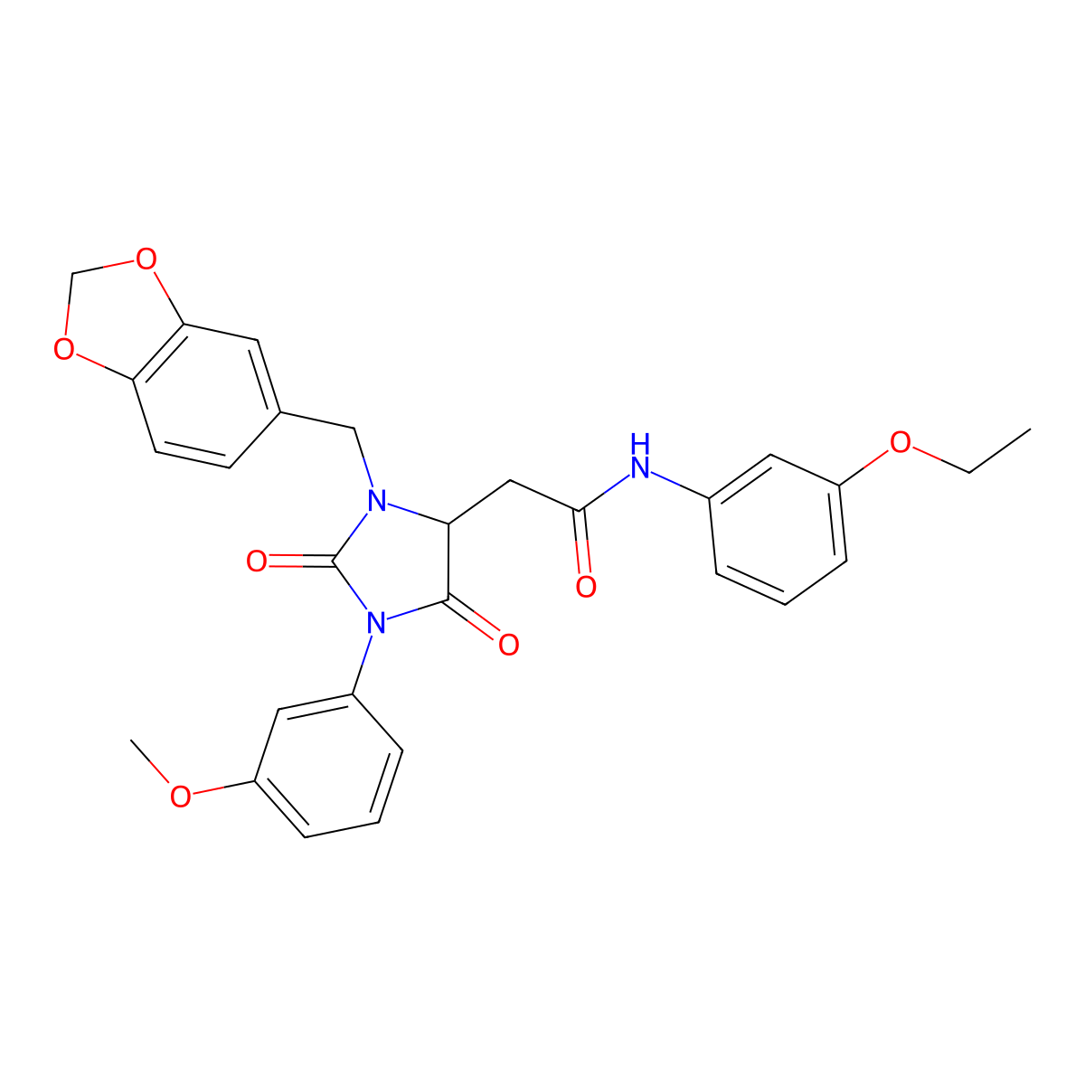 2-[3-(1,3-benzodioxol-5-ylmethyl)-1-(3-methoxyphenyl)-2,5-dioxoimidazolidin-4-yl]-N-(3-ethoxyphenyl)acetamide molecular structure, CAS 1042134-69-9