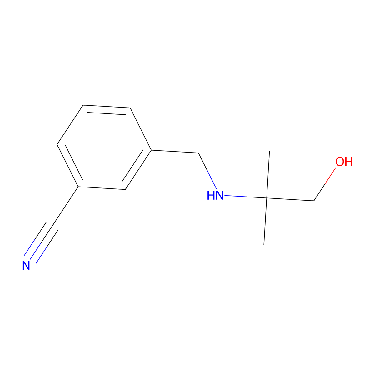 3-{[(1-Hydroxy-2-methylpropan-2-yl)amino]methyl}benzonitrile molecular structure, CAS 1042554-41-5