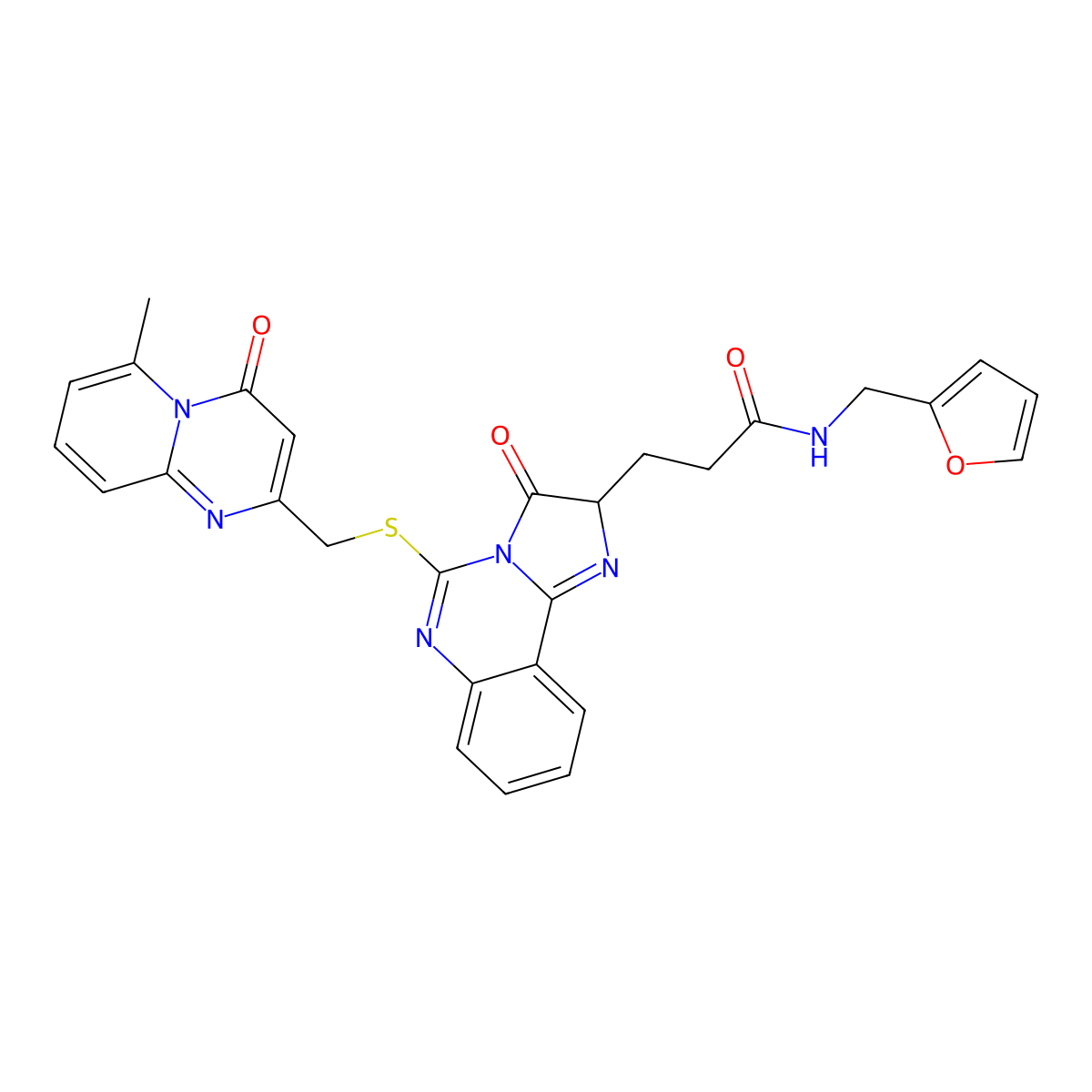 N-[(furan-2-yl)methyl]-3-{5-[({6-methyl-4-oxo-4H-pyrido[1,2-a]pyrimidin-2-yl}methyl)sulfanyl]-3-oxo-2H,3H-imidazo[1,2-c]quinazolin-2-yl}propanamide molecular structure, CAS 1042664-61-8