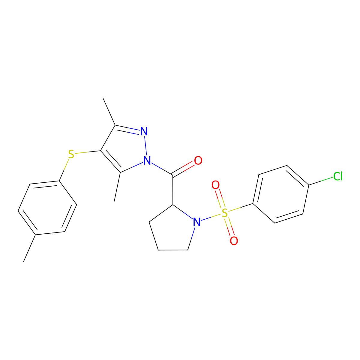 (1-((4-chlorophenyl)sulfonyl)pyrrolidin-2-yl)(3,5-dimethyl-4-(p-tolylthio)-1H-pyrazol-1-yl)methanone molecular structure, CAS 1042666-78-3