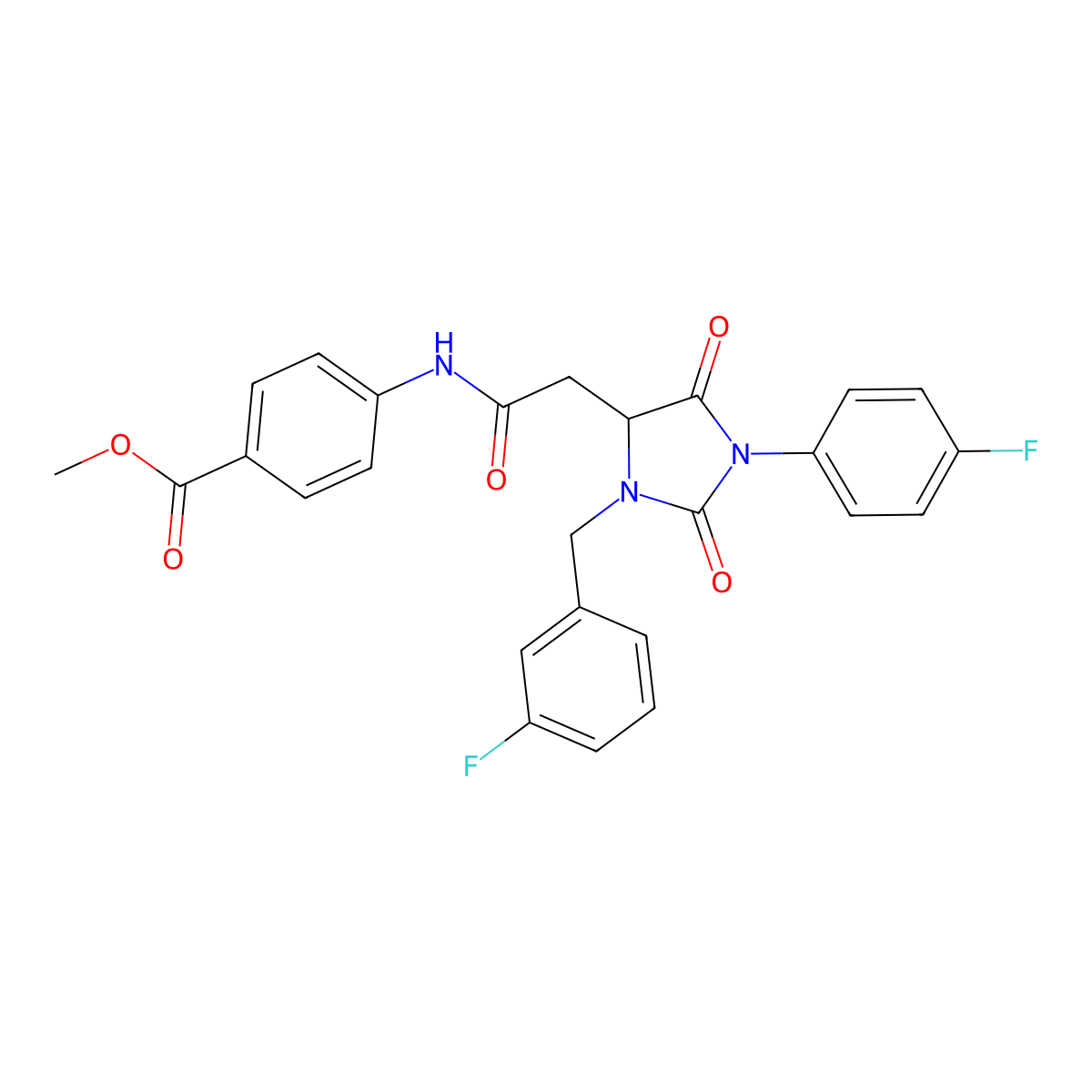 Methyl 4-({[3-(3-fluorobenzyl)-1-(4-fluorophenyl)-2,5-dioxoimidazolidin-4-yl]acetyl}amino)benzoate molecular structure, CAS 1042693-19-5