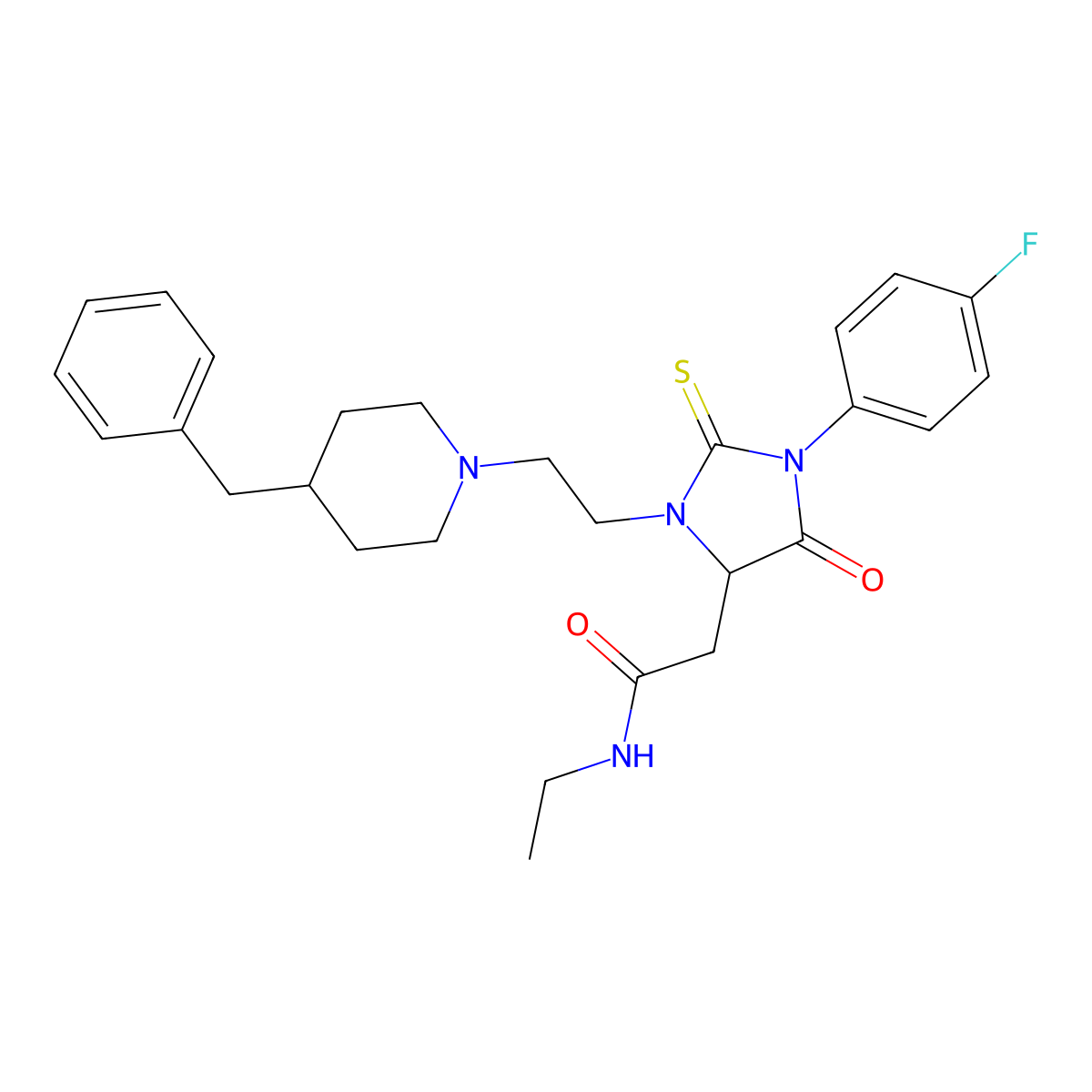 2-[3-[2-(4-benzylpiperidin-1-yl)ethyl]-1-(4-fluorophenyl)-5-oxo-2-sulfanylideneimidazolidin-4-yl]-N-ethylacetamide molecular structure, CAS 1042694-36-9