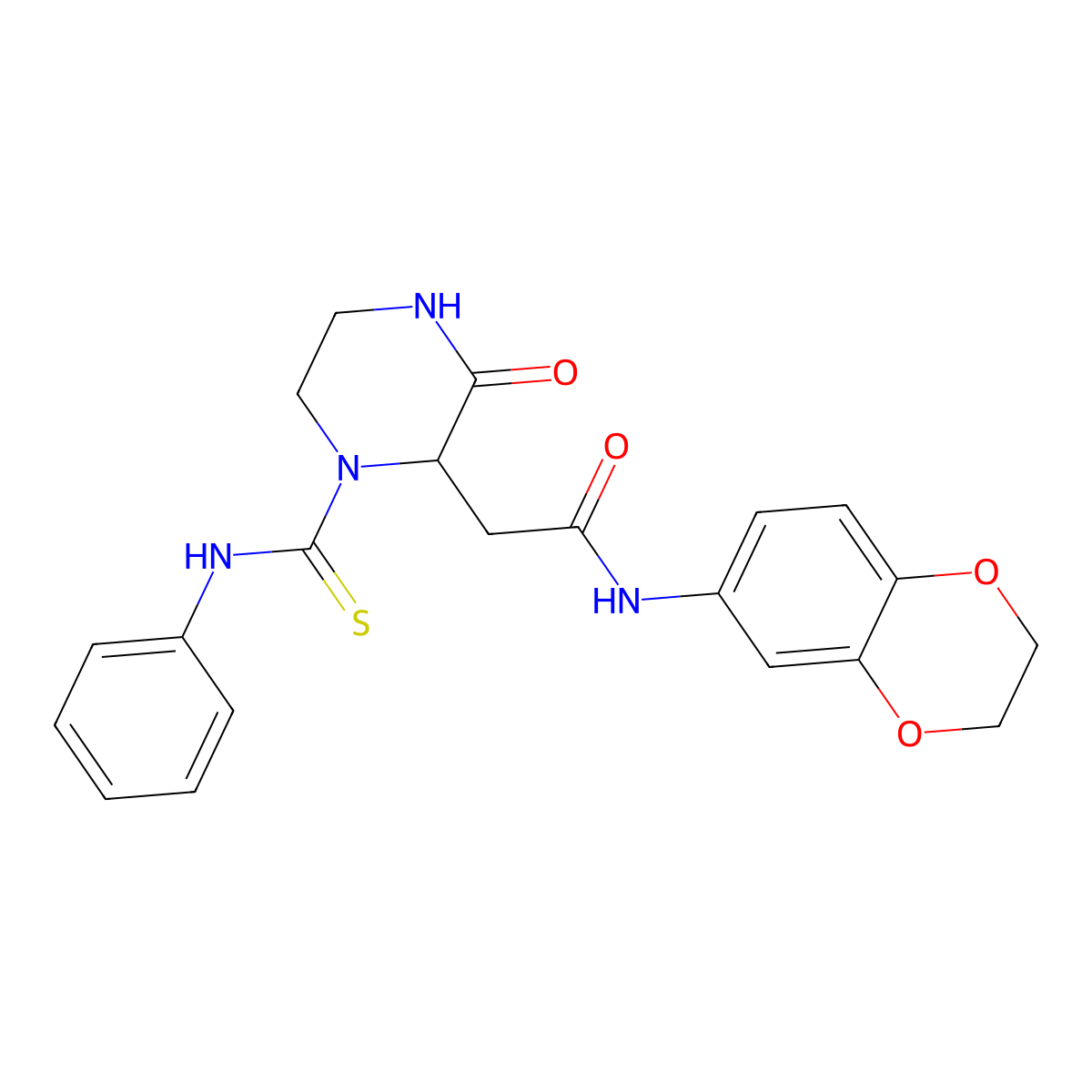 N-(2,3-dihydro-1,4-benzodioxin-6-yl)-2-[3-oxo-1-(phenylcarbamothioyl)piperazin-2-yl]acetamide molecular structure, CAS 1042696-94-5