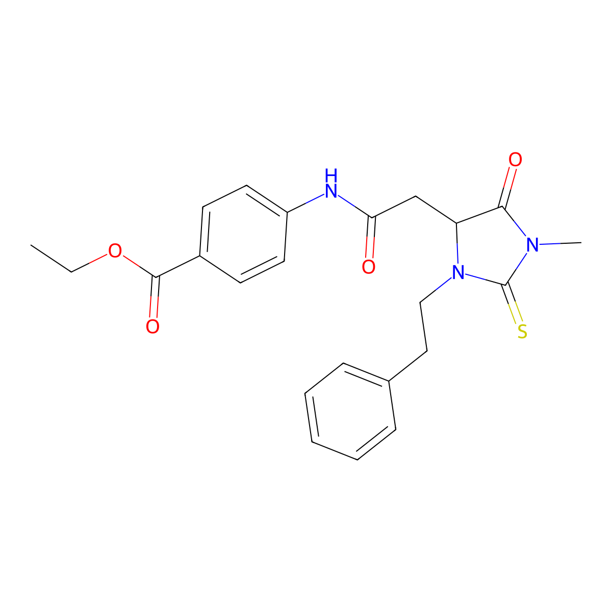 Ethyl 4-({[1-methyl-5-oxo-3-(2-phenylethyl)-2-thioxoimidazolidin-4-yl]acetyl}amino)benzoate molecular structure, CAS 1042697-15-3