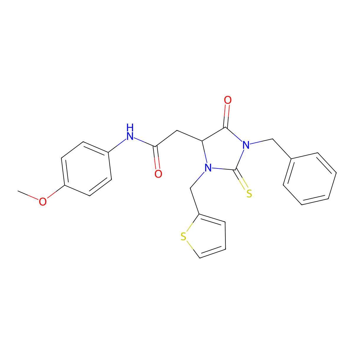 2-[1-benzyl-5-oxo-3-(thiophen-2-ylmethyl)-2-thioxoimidazolidin-4-yl]-N-(4-methoxyphenyl)acetamide molecular structure, CAS 1042700-83-3