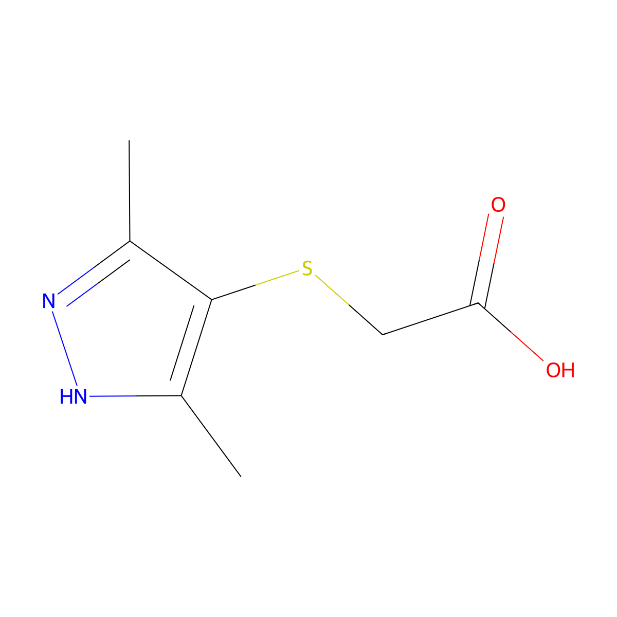 2-((3,5-dimethyl-1H-pyrazol-4-yl)sulfanyl)acetic acid molecular structure, CAS 1042725-25-6