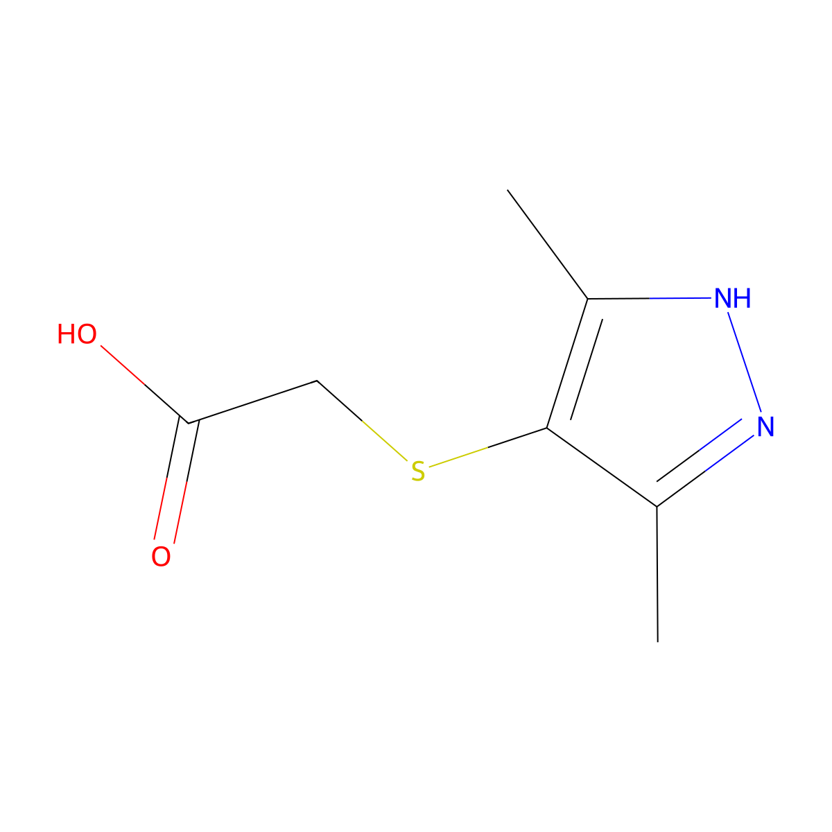 2-((3,5-dimethyl-1H-pyrazol-4-yl)sulfanyl)acetic acid molecular structure, CAS 1042725-25-6