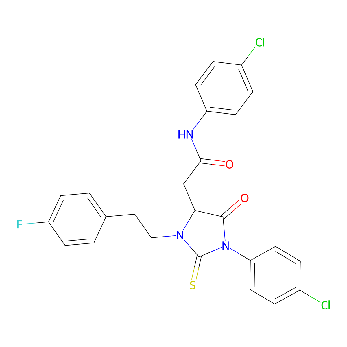 N-(4-chlorophenyl)-2-{1-(4-chlorophenyl)-3-[2-(4-fluorophenyl)ethyl]-5-oxo-2-thioxoimidazolidin-4-yl}acetamide molecular structure, CAS 1042766-36-8