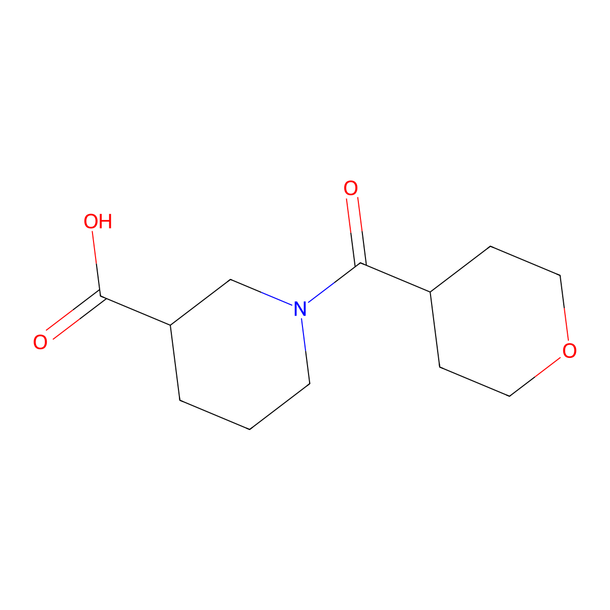 1-(Tetrahydro-2H-pyran-4-ylcarbonyl)-3-piperidinecarboxylic acid molecular structure, CAS 1042799-65-4
